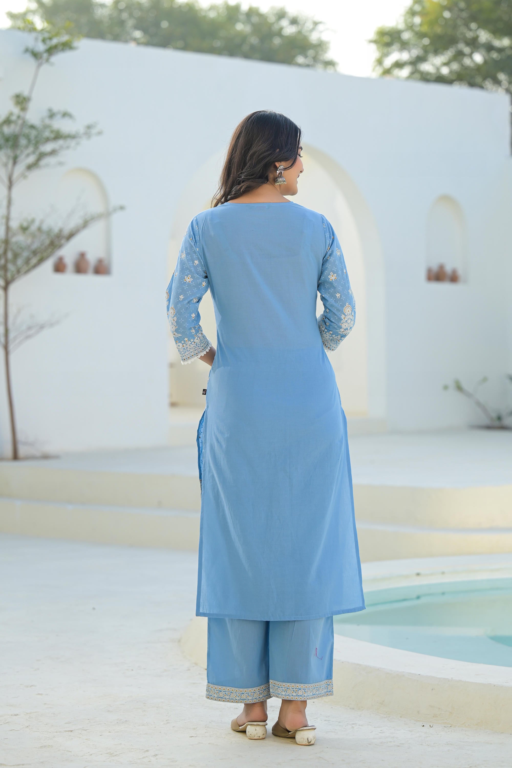 Sky Blue Embroidered Cotton Suit Set with Dupatta