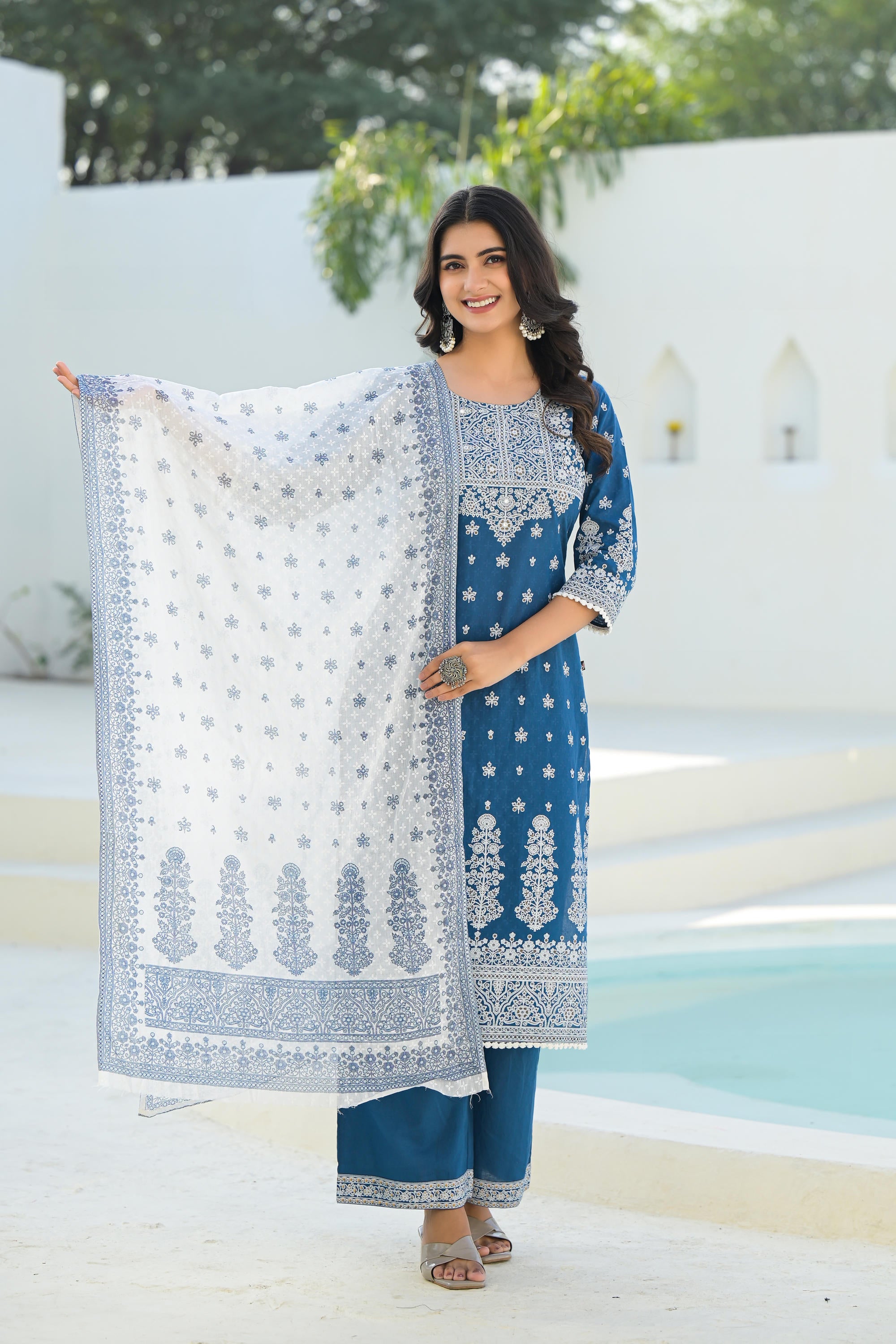 Indigo Embroidered Cotton Suit Set with Dupatta