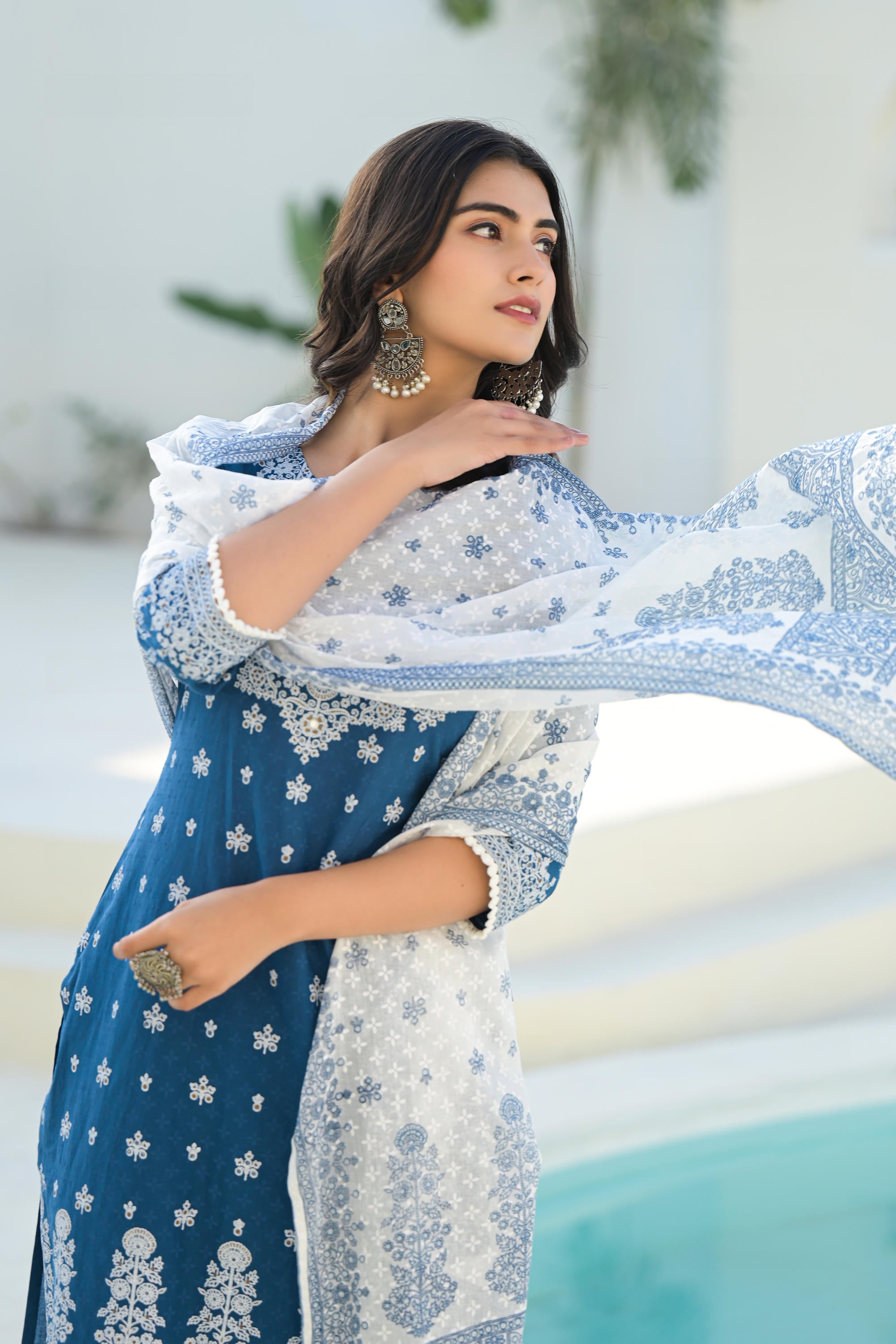 Indigo Embroidered Cotton Suit Set with Dupatta