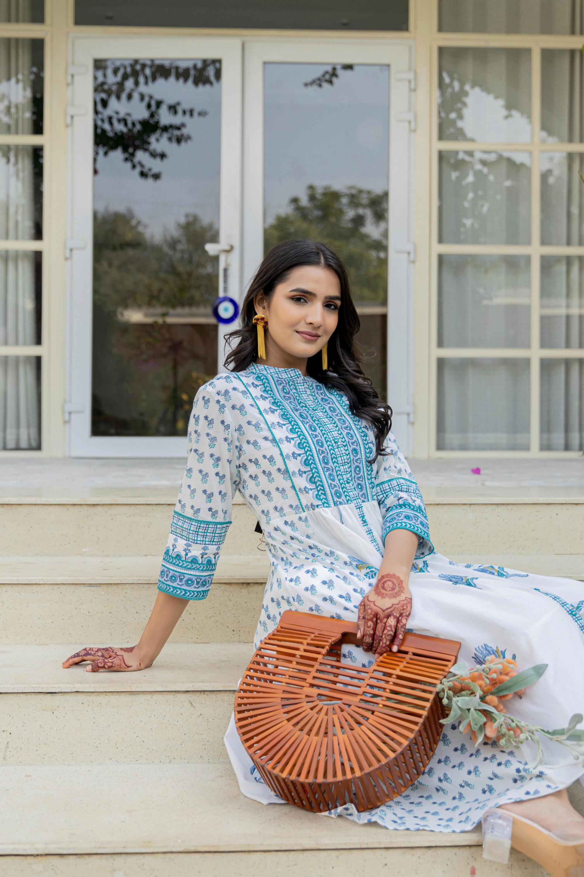 White Floral Printed Cotton Kurta With Buttons