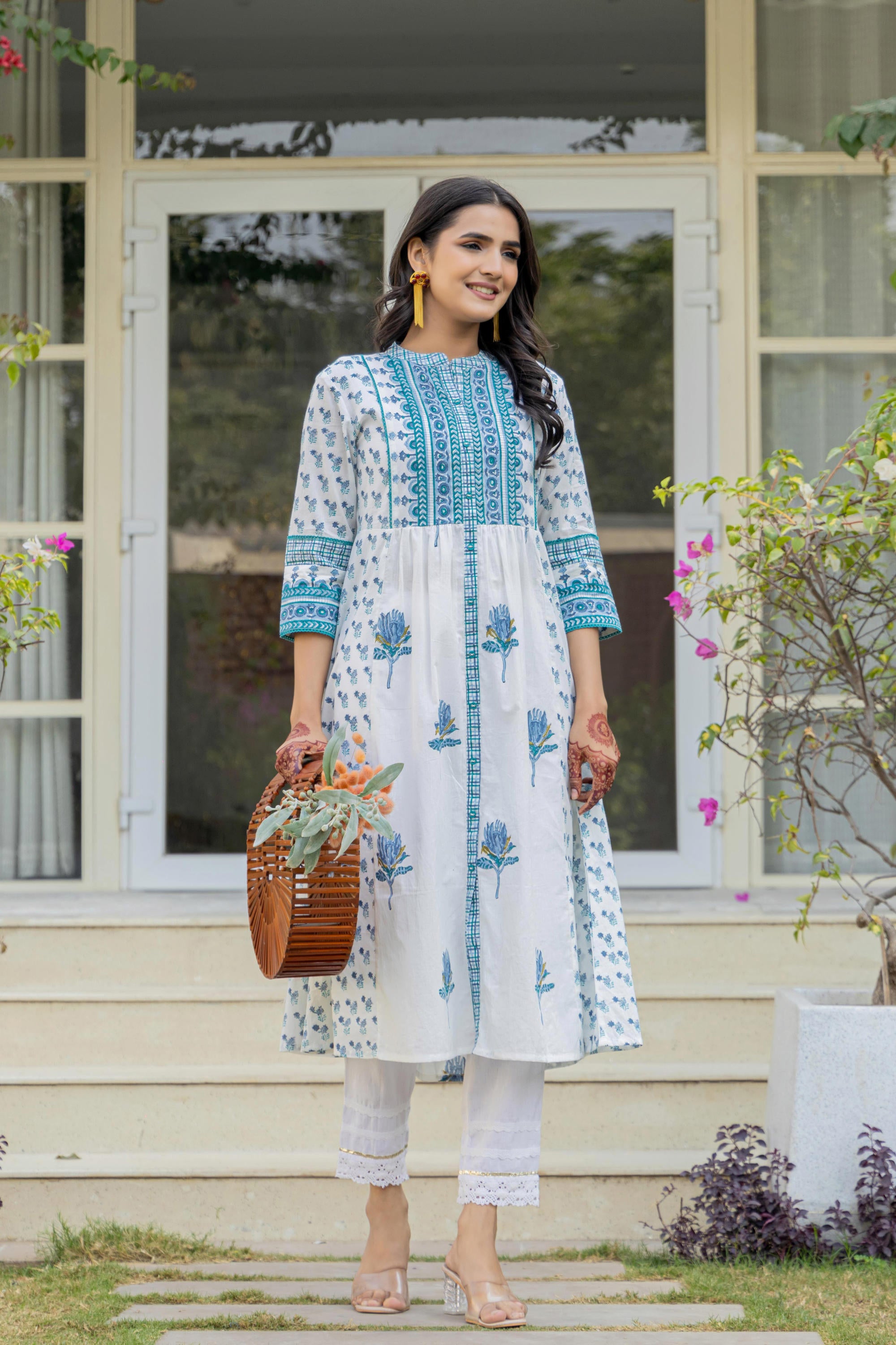 White Floral Printed Cotton Kurta With Buttons