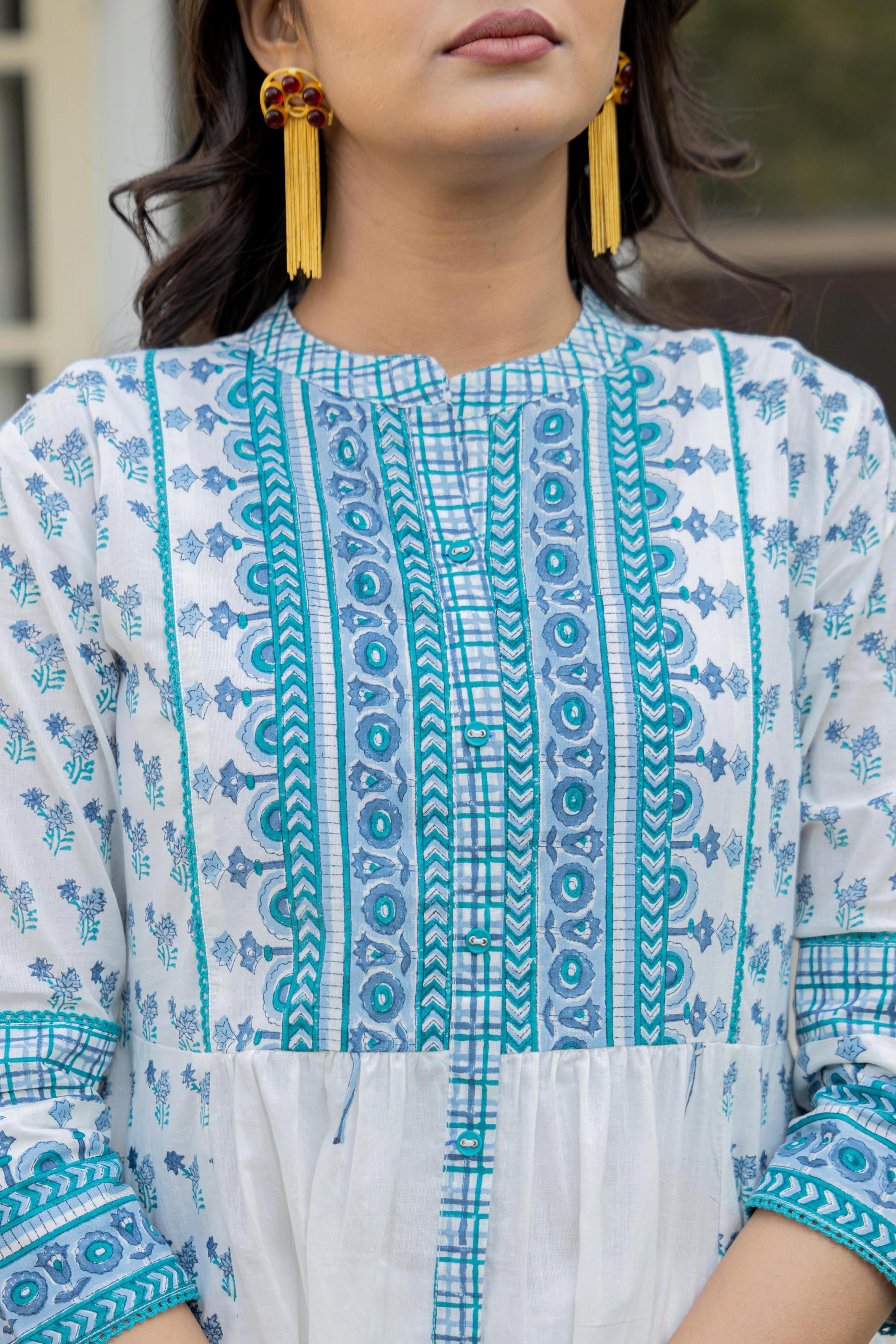 White Floral Printed Cotton Kurta With Buttons