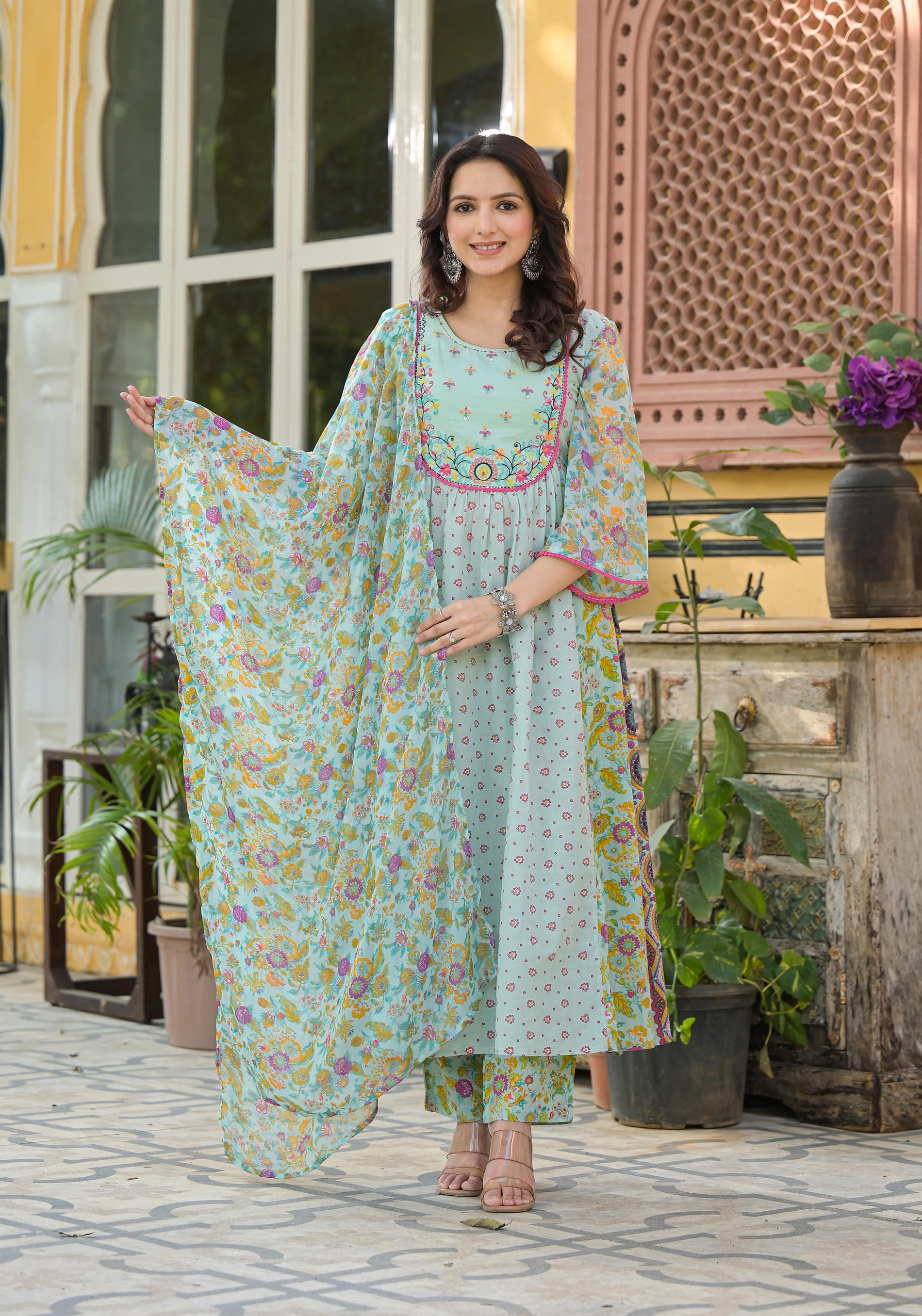 Mint Green Printed Ethnic Set with Dupatta