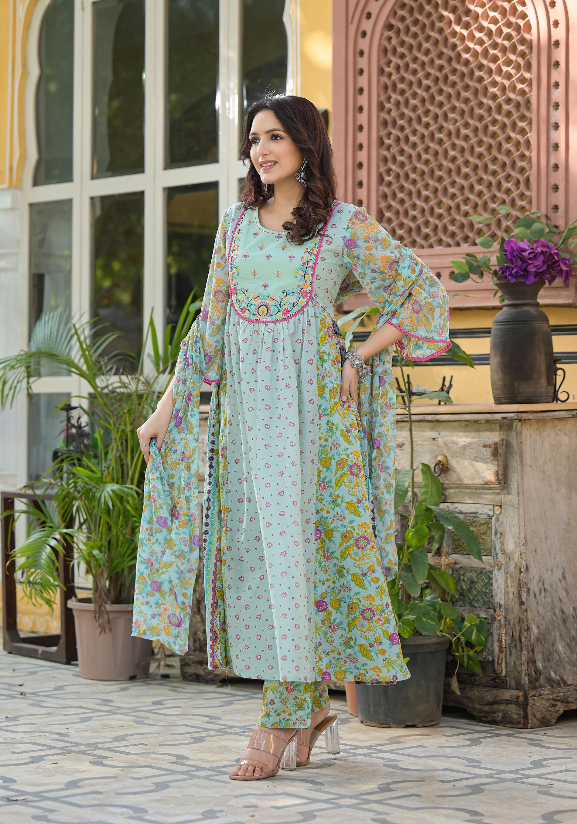 Mint Green Printed Ethnic Set with Dupatta
