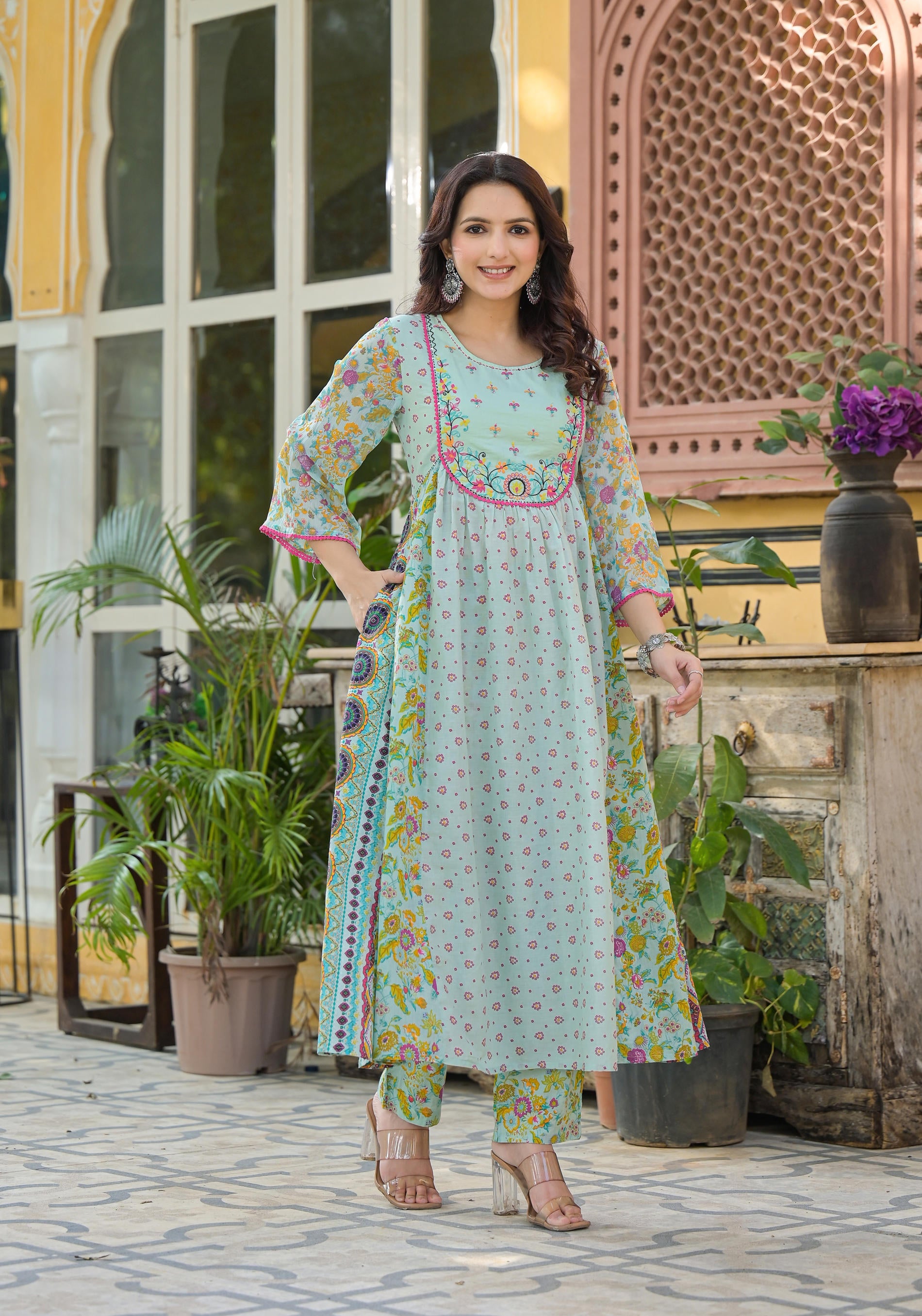 Mint Green Printed Ethnic Set with Dupatta