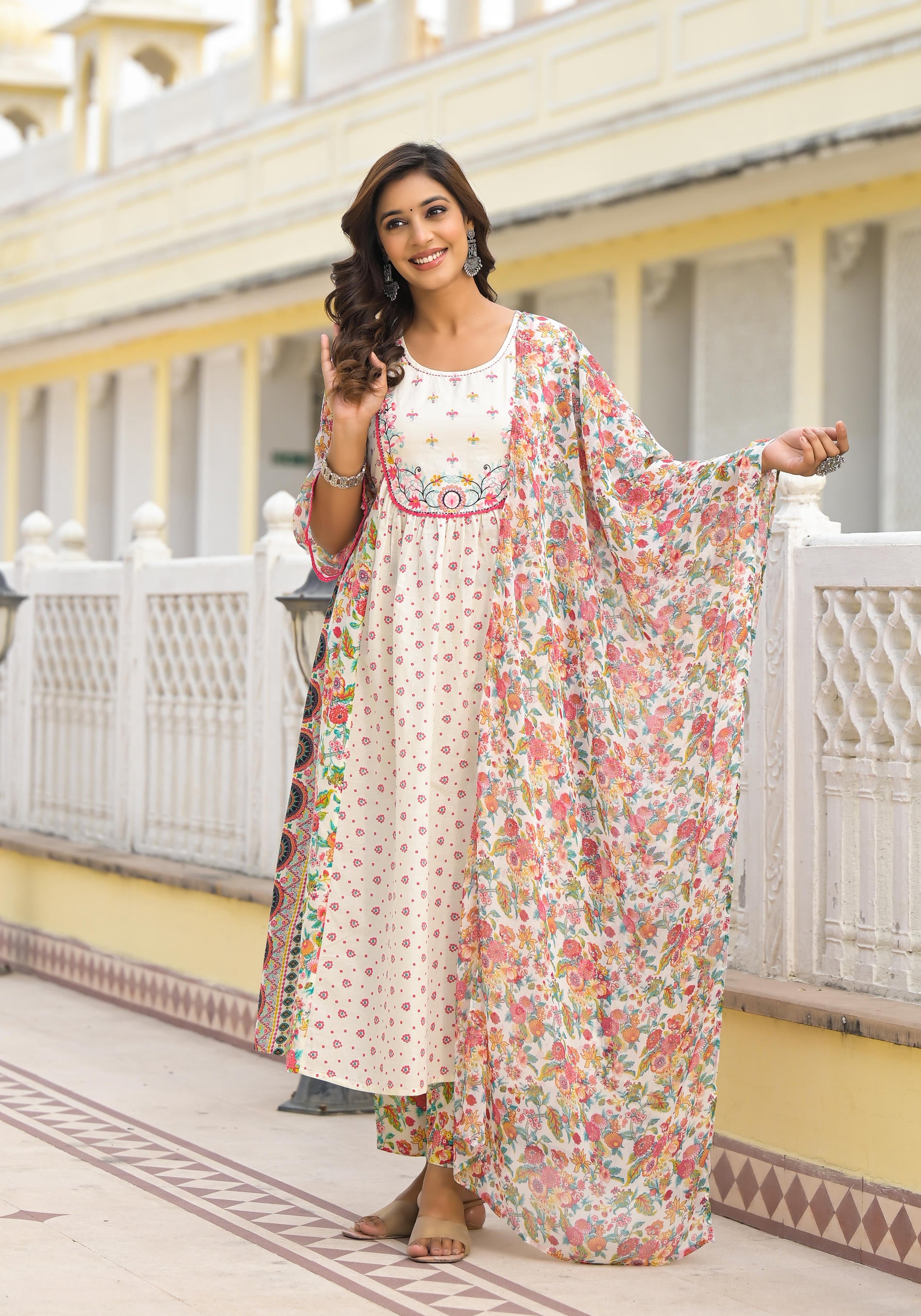 Off-White  Printed Ethnic Set with Dupatta