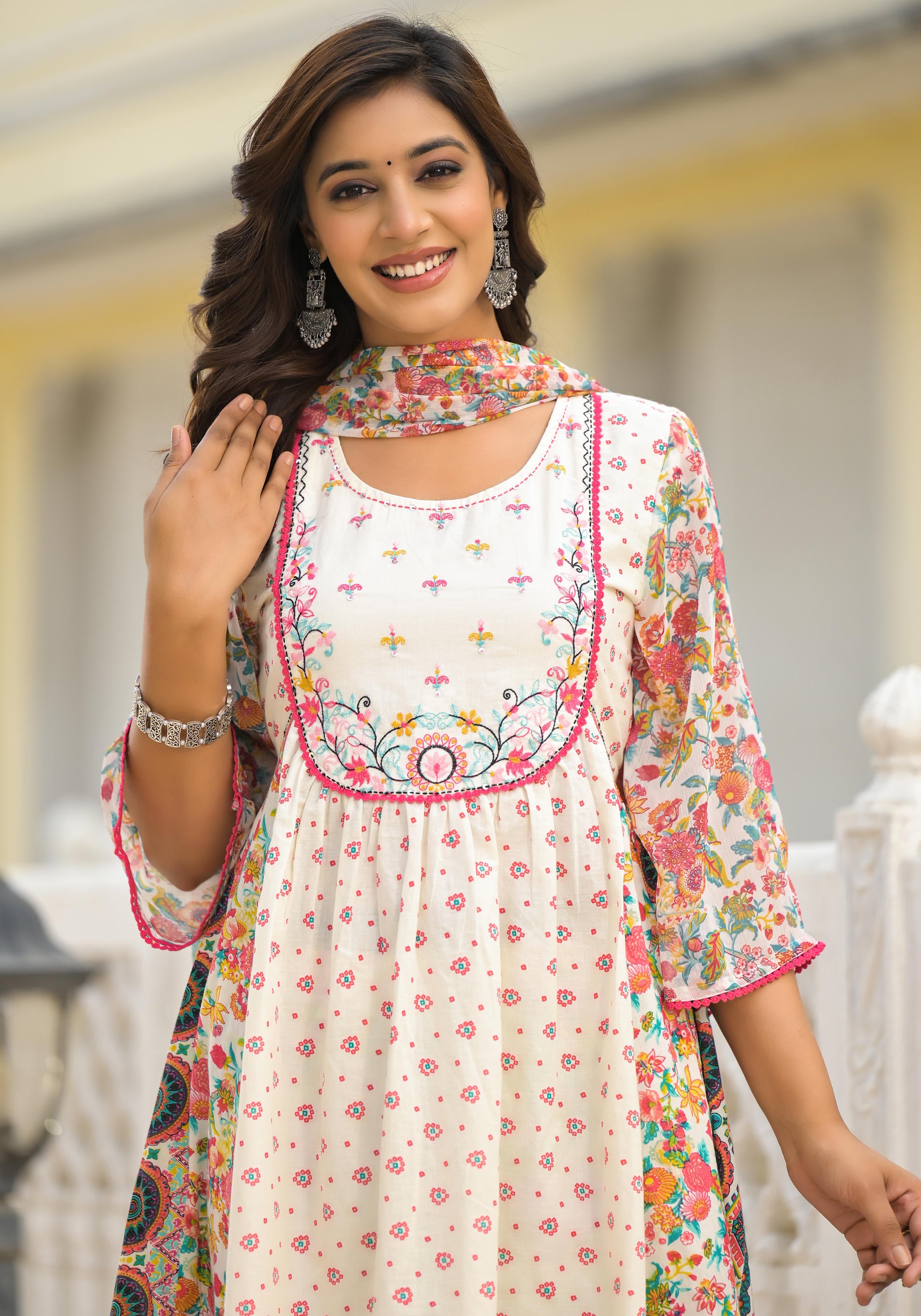 Off-White  Printed Ethnic Set with Dupatta