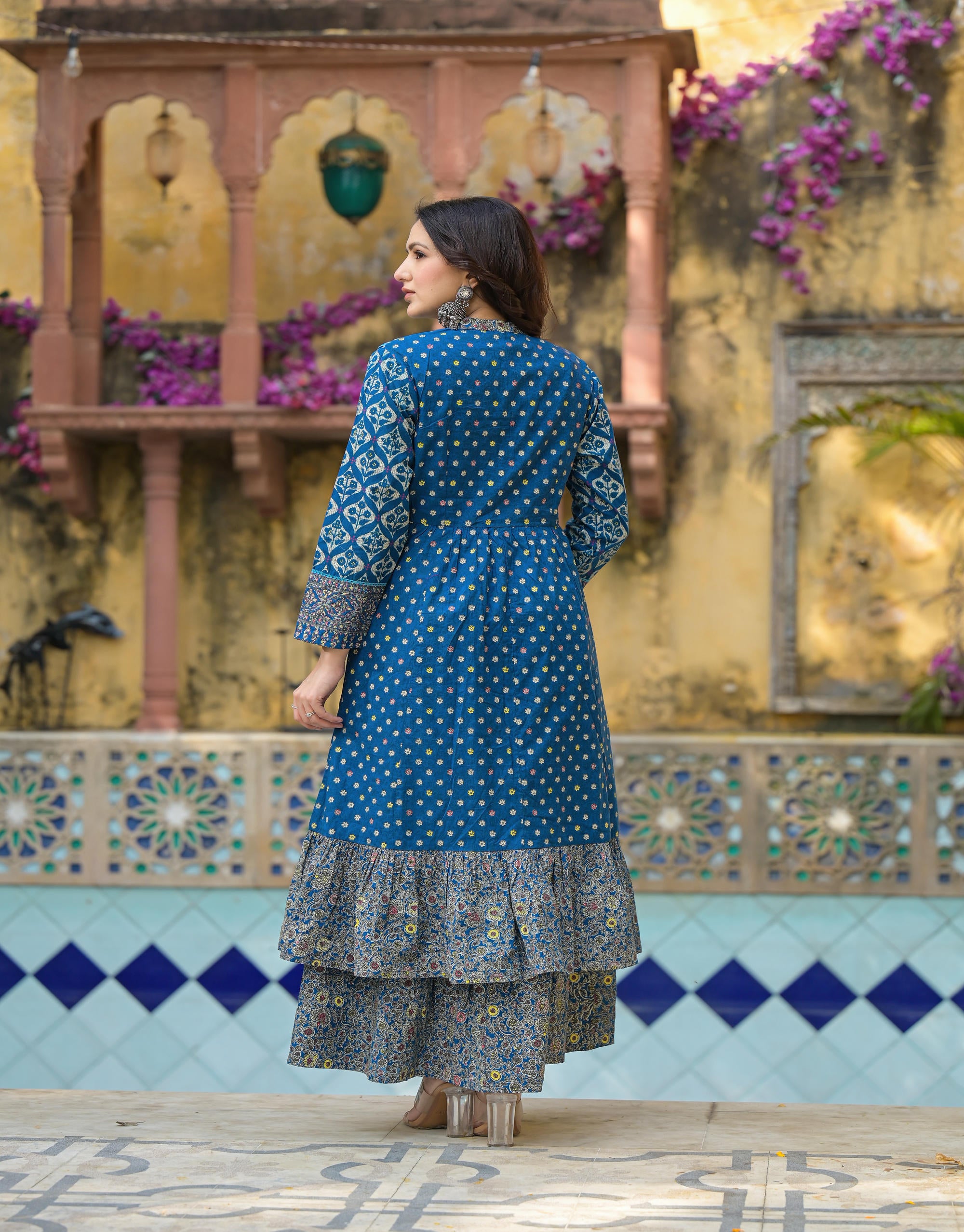 Indigo Floral Printed Cotton Long Dress & Shrug With Doris