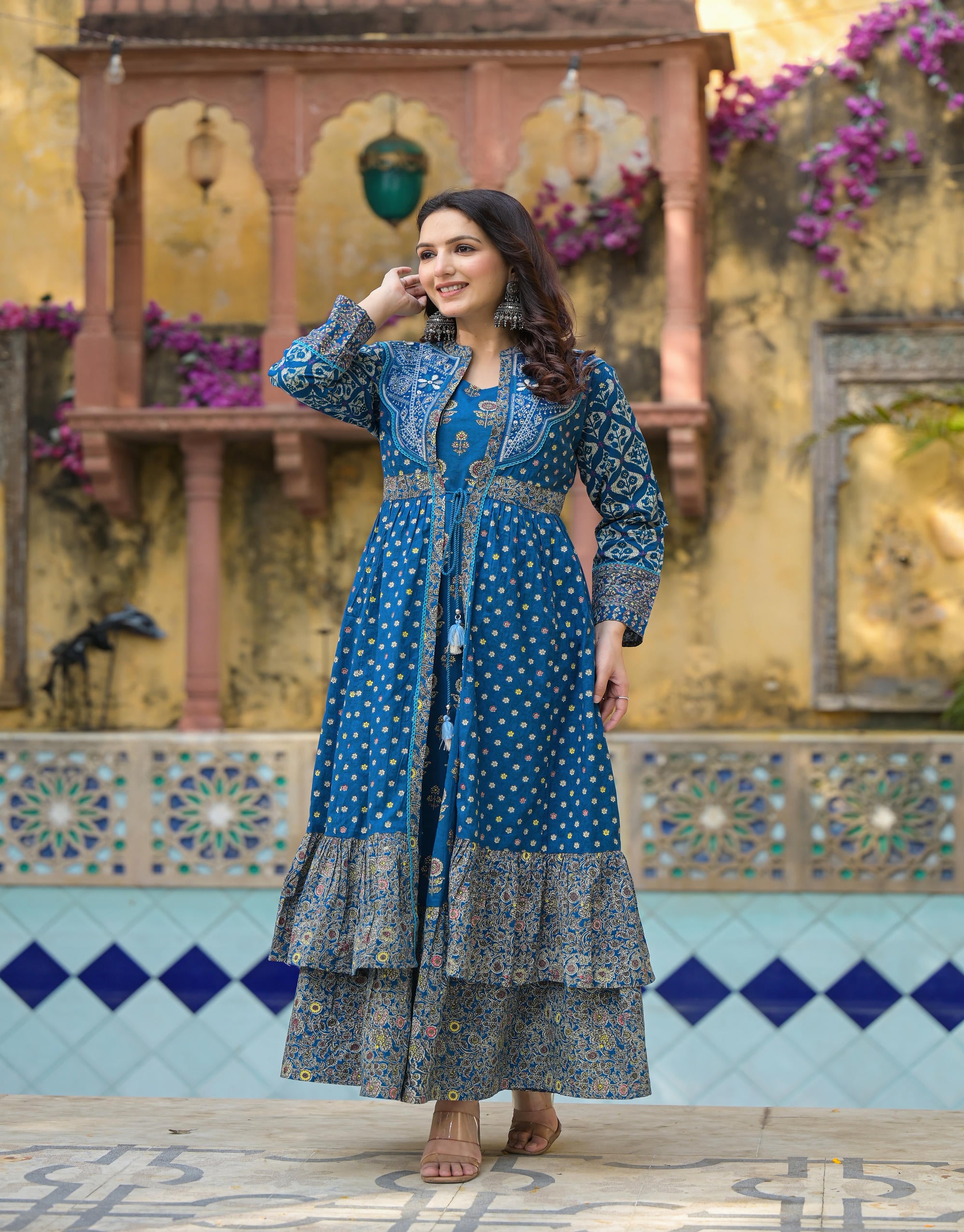 Indigo Floral Printed Cotton Long Dress & Shrug With Doris