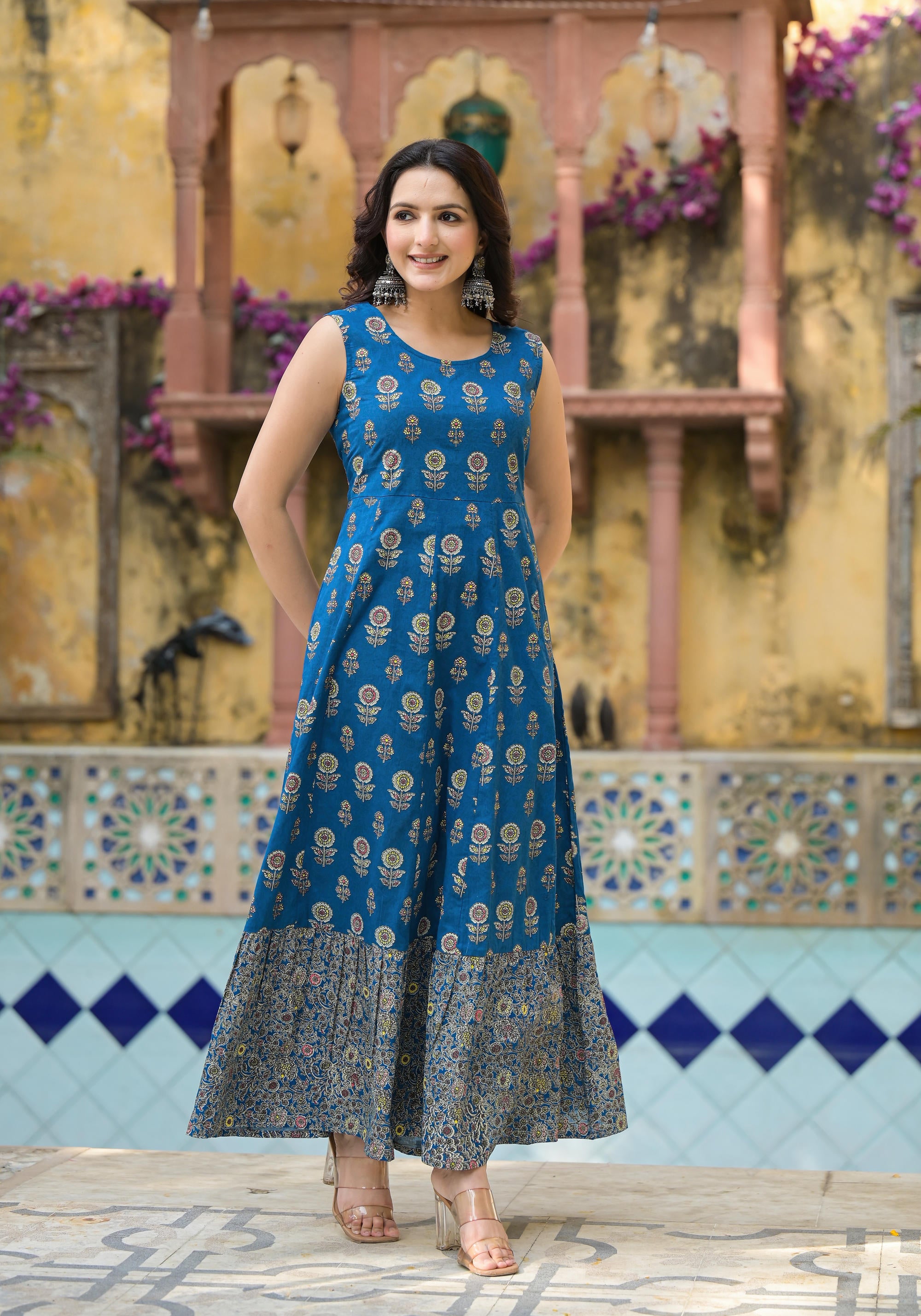 Indigo Floral Printed Cotton Long Dress & Shrug With Doris