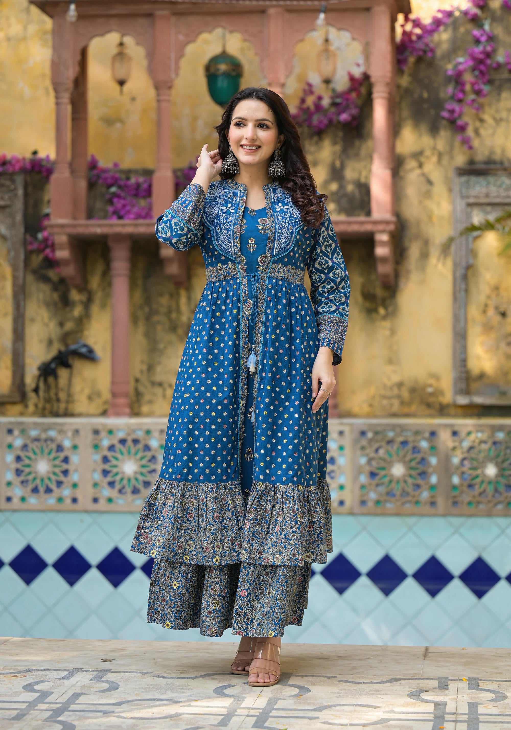 Indigo Floral Printed Cotton Long Dress & Shrug With Doris