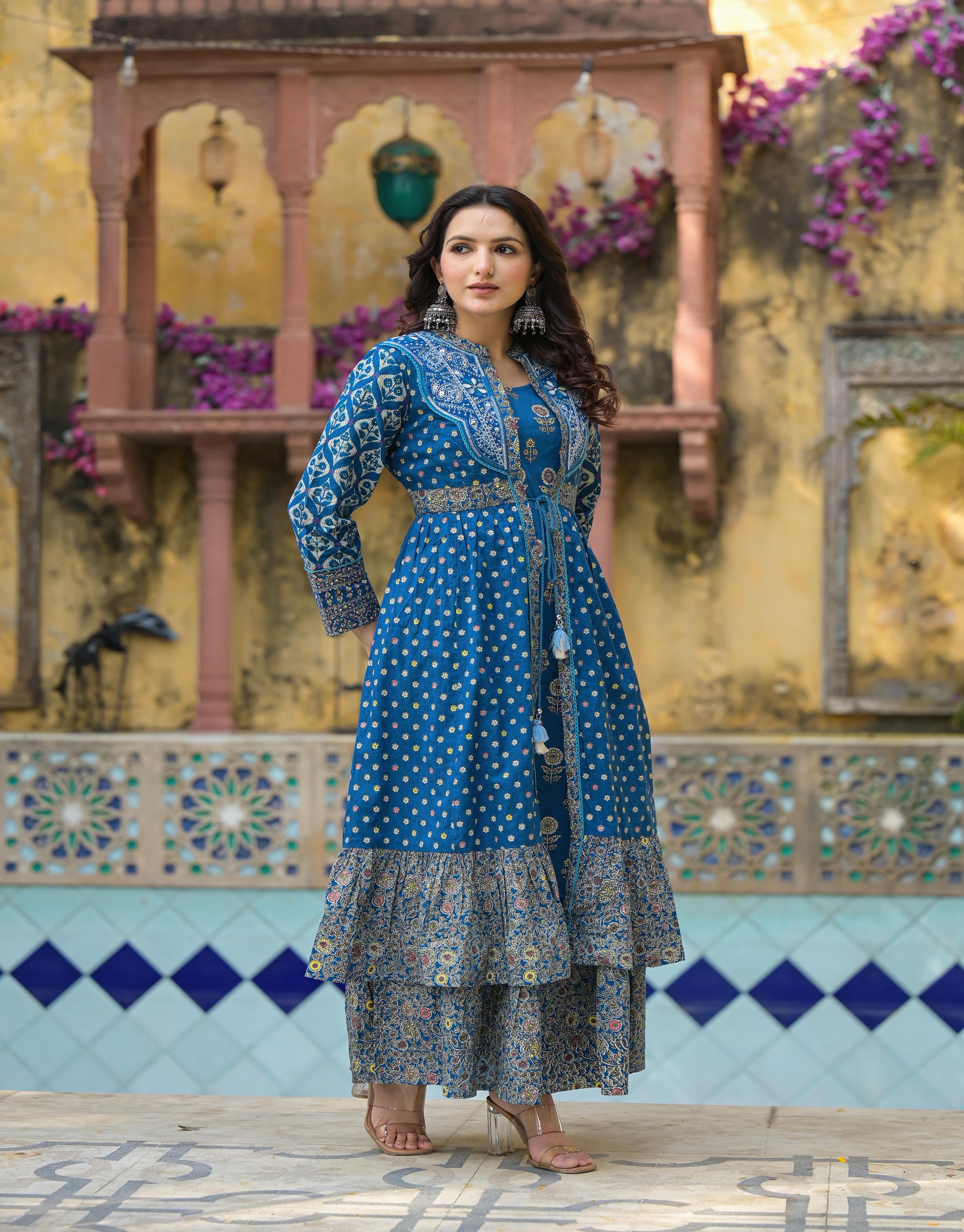 Indigo Floral Printed Cotton Long Dress & Shrug With Doris