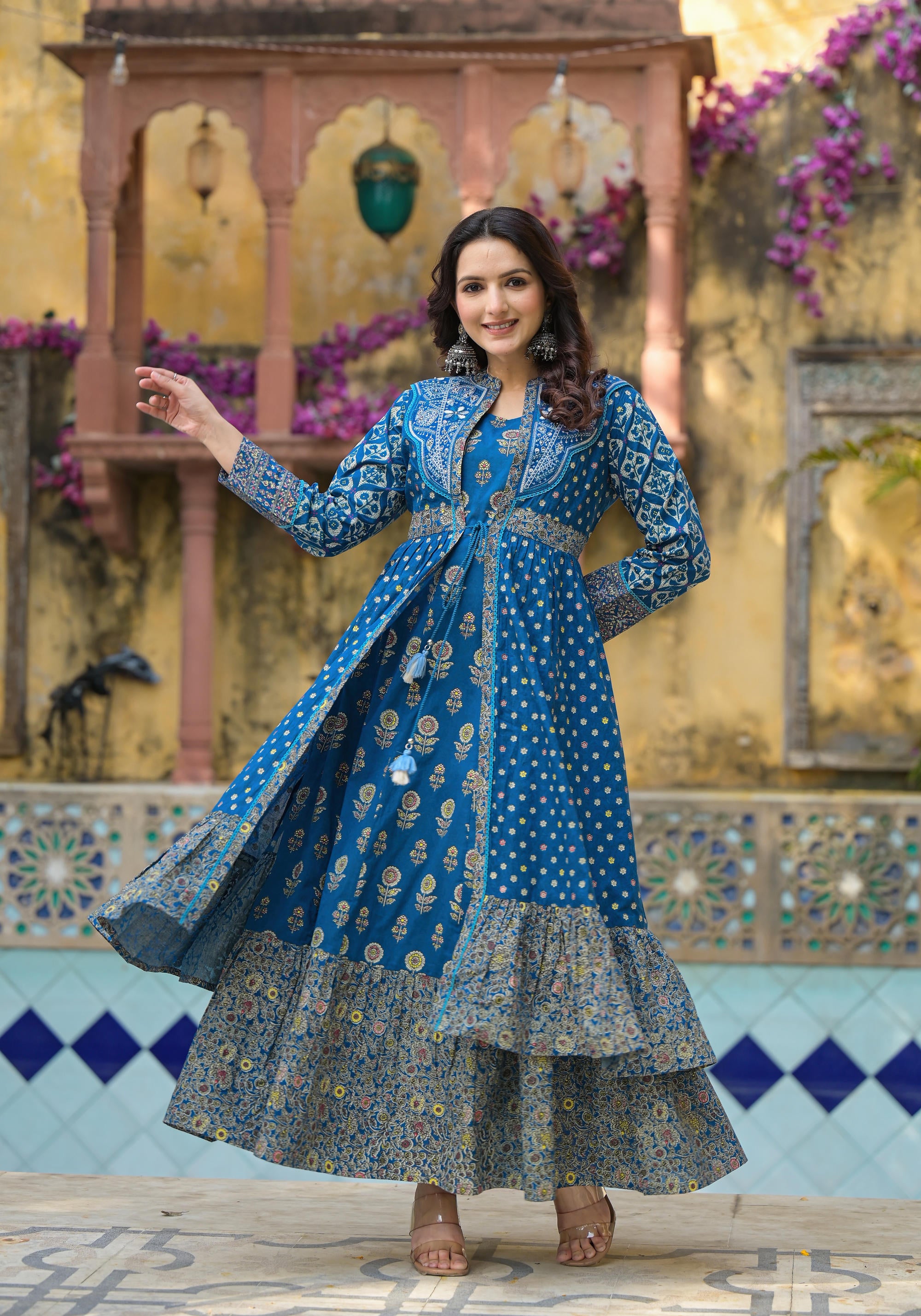 Indigo Floral Printed Cotton Long Dress & Shrug With Doris