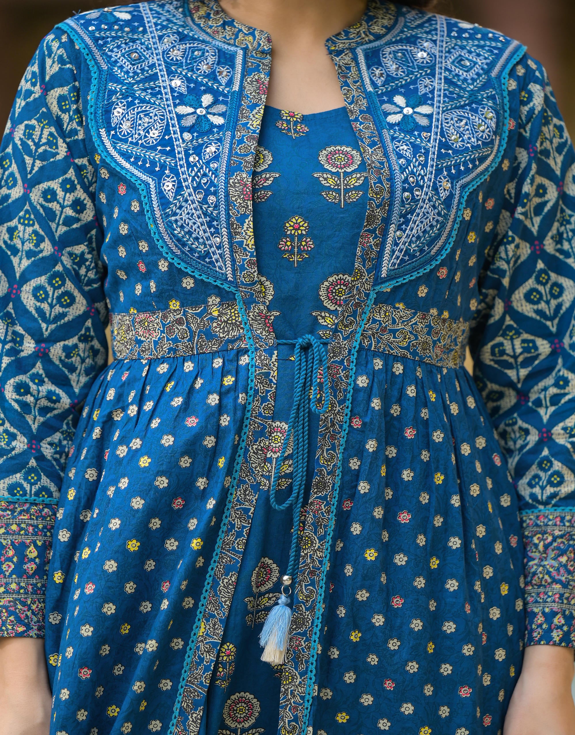 Indigo Floral Printed Cotton Long Dress & Shrug With Doris