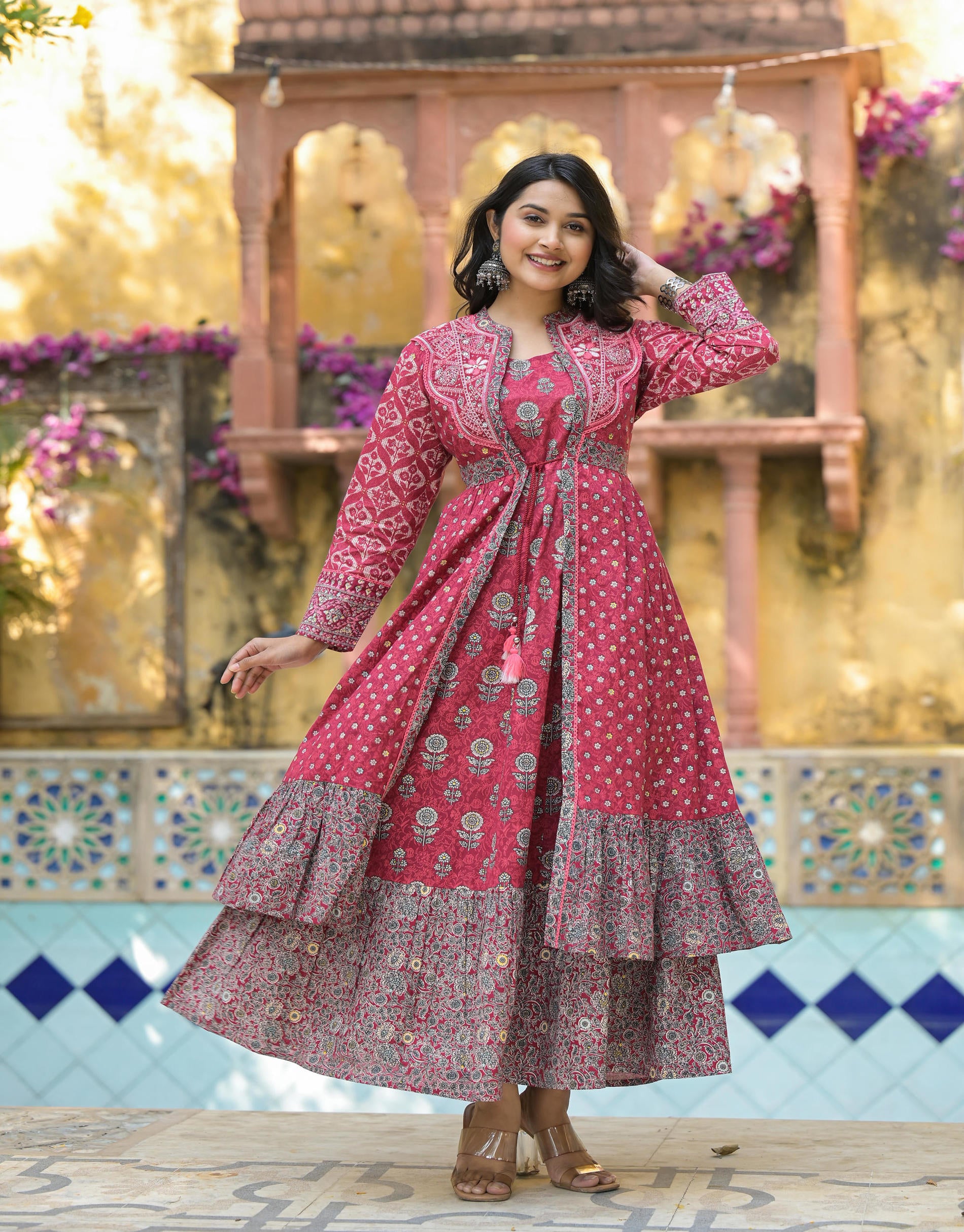 Maroon Floral Printed Cotton Long Dress With Shrug