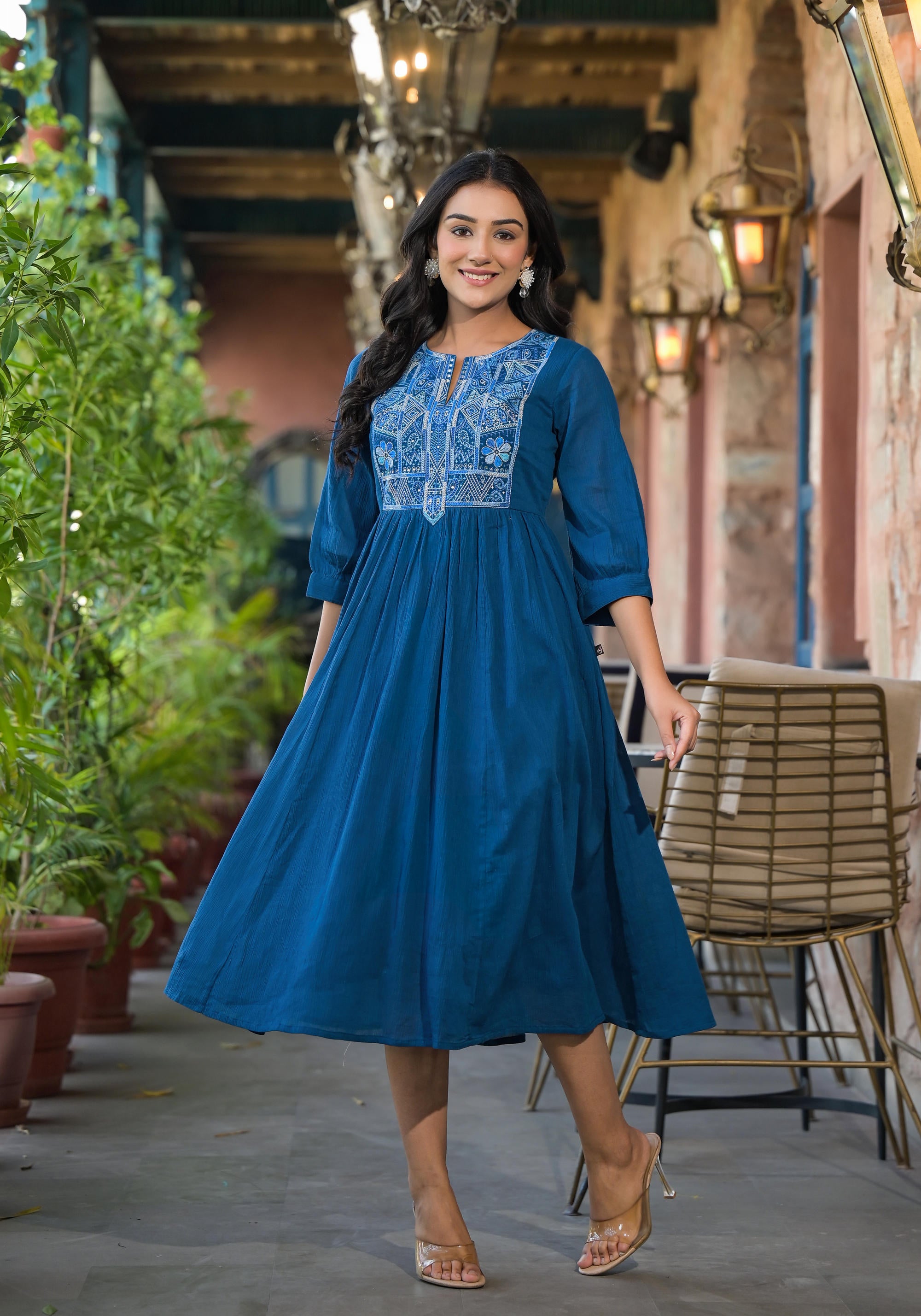 Indigo Solid Cotton Long Dress With Thread Embroidery