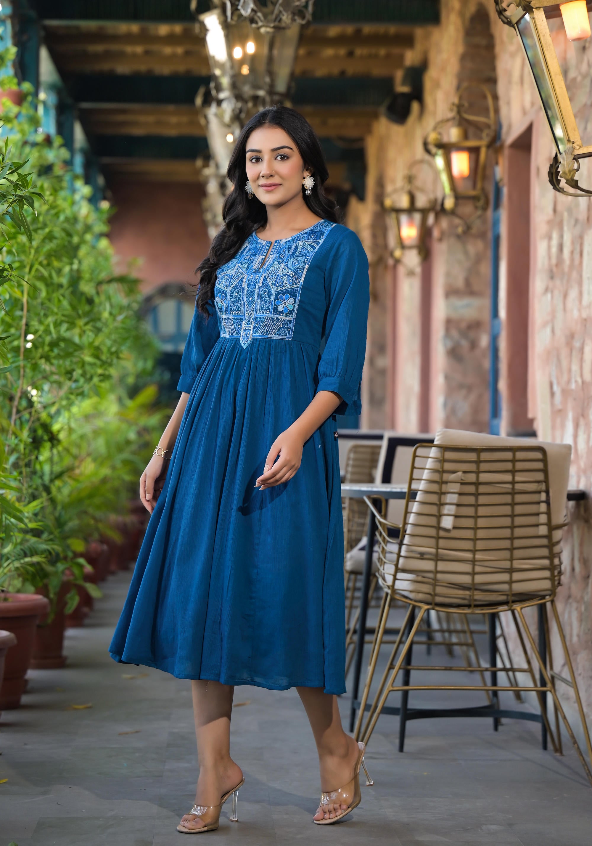 Indigo Solid Cotton Long Dress With Thread Embroidery