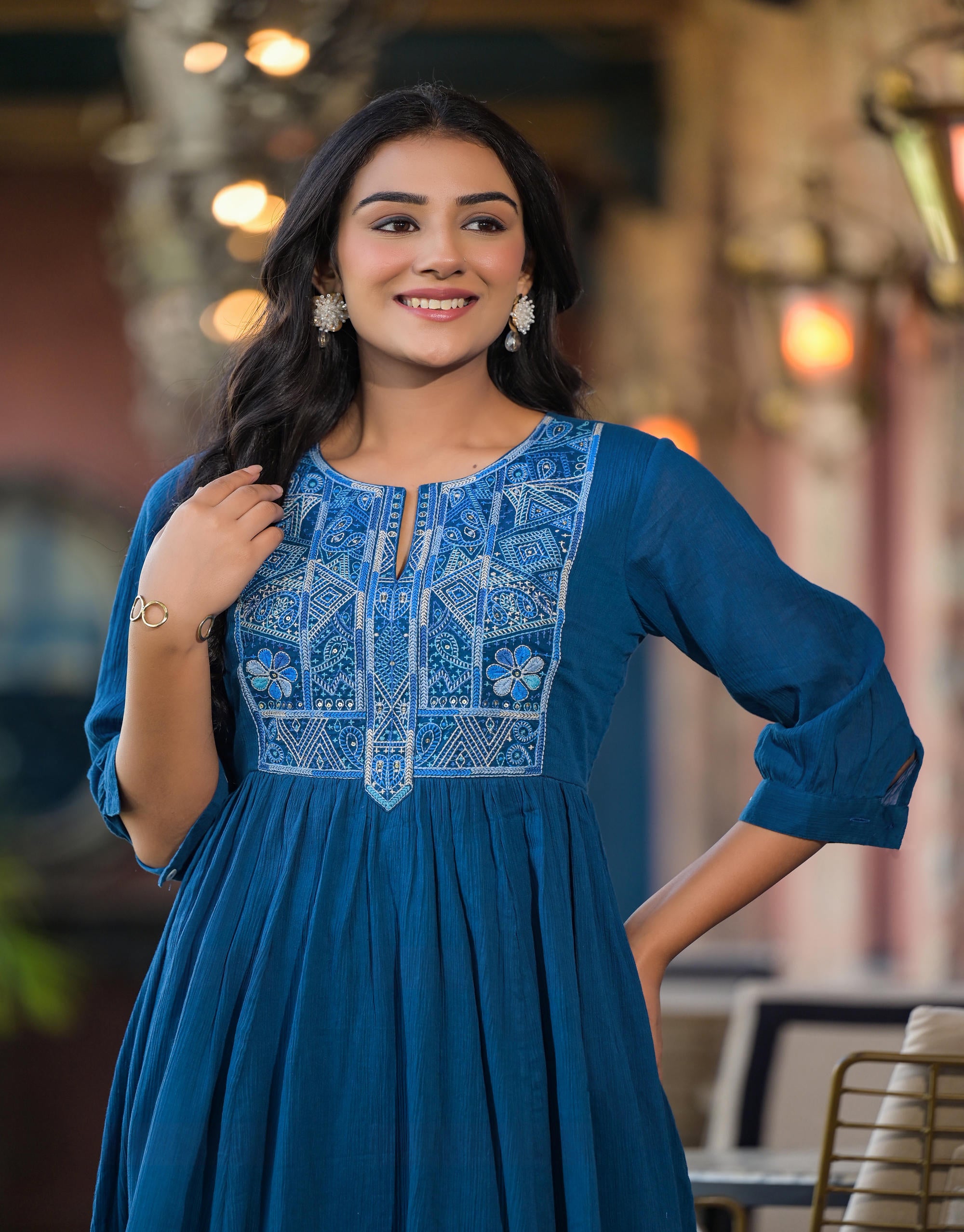 Indigo Solid Cotton Long Dress With Thread Embroidery