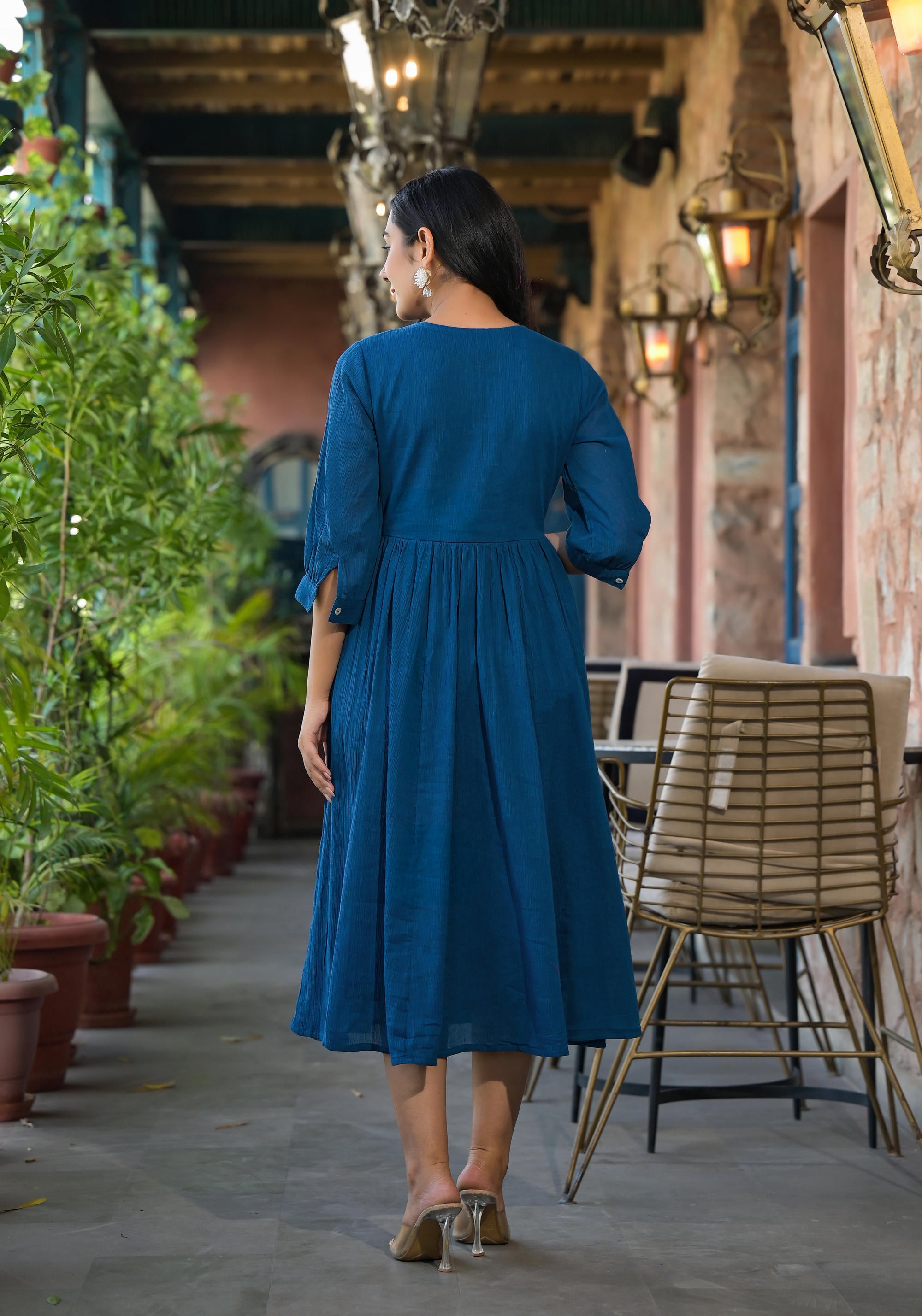 Indigo Solid Cotton Long Dress With Thread Embroidery