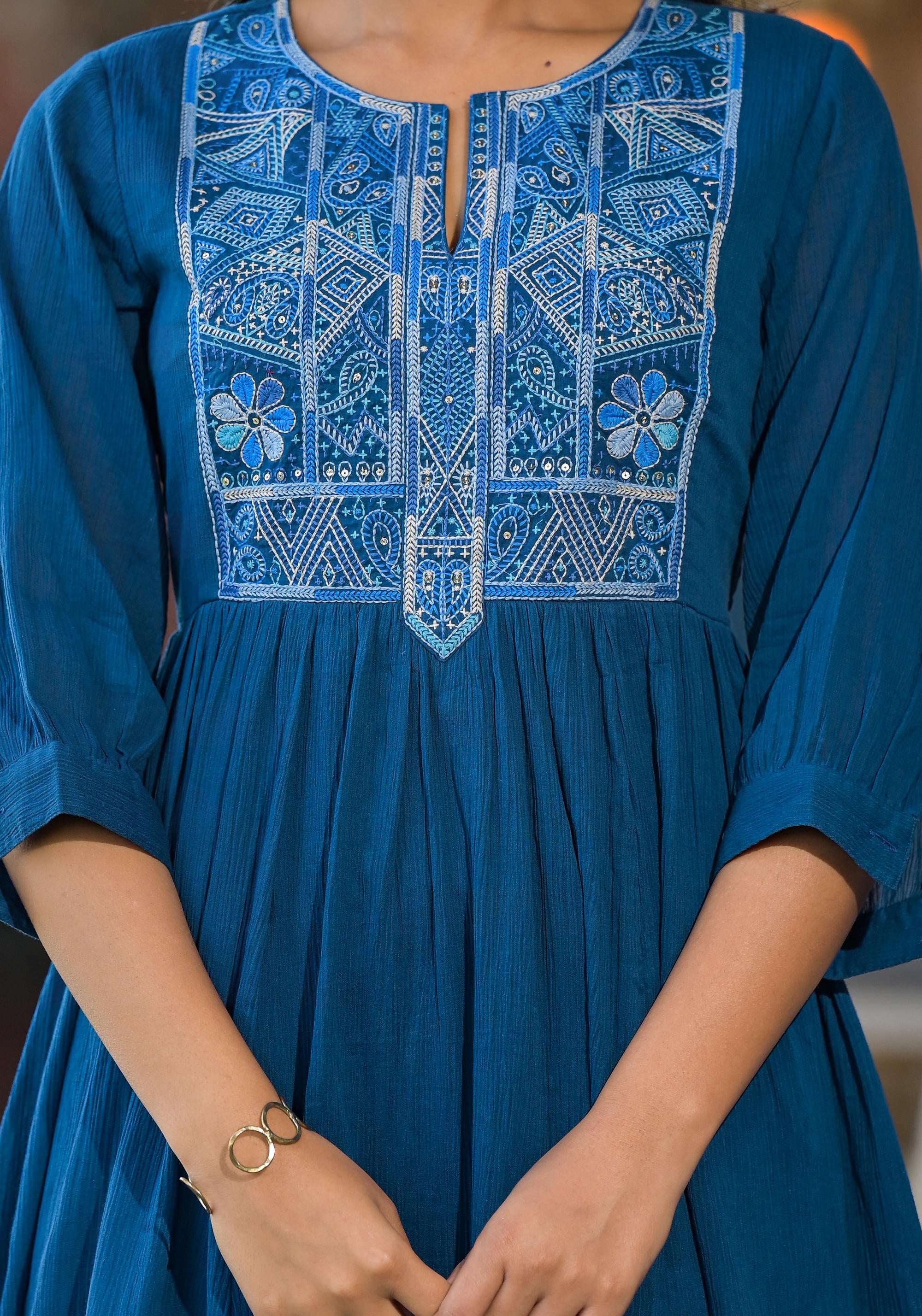 Indigo Solid Cotton Long Dress With Thread Embroidery