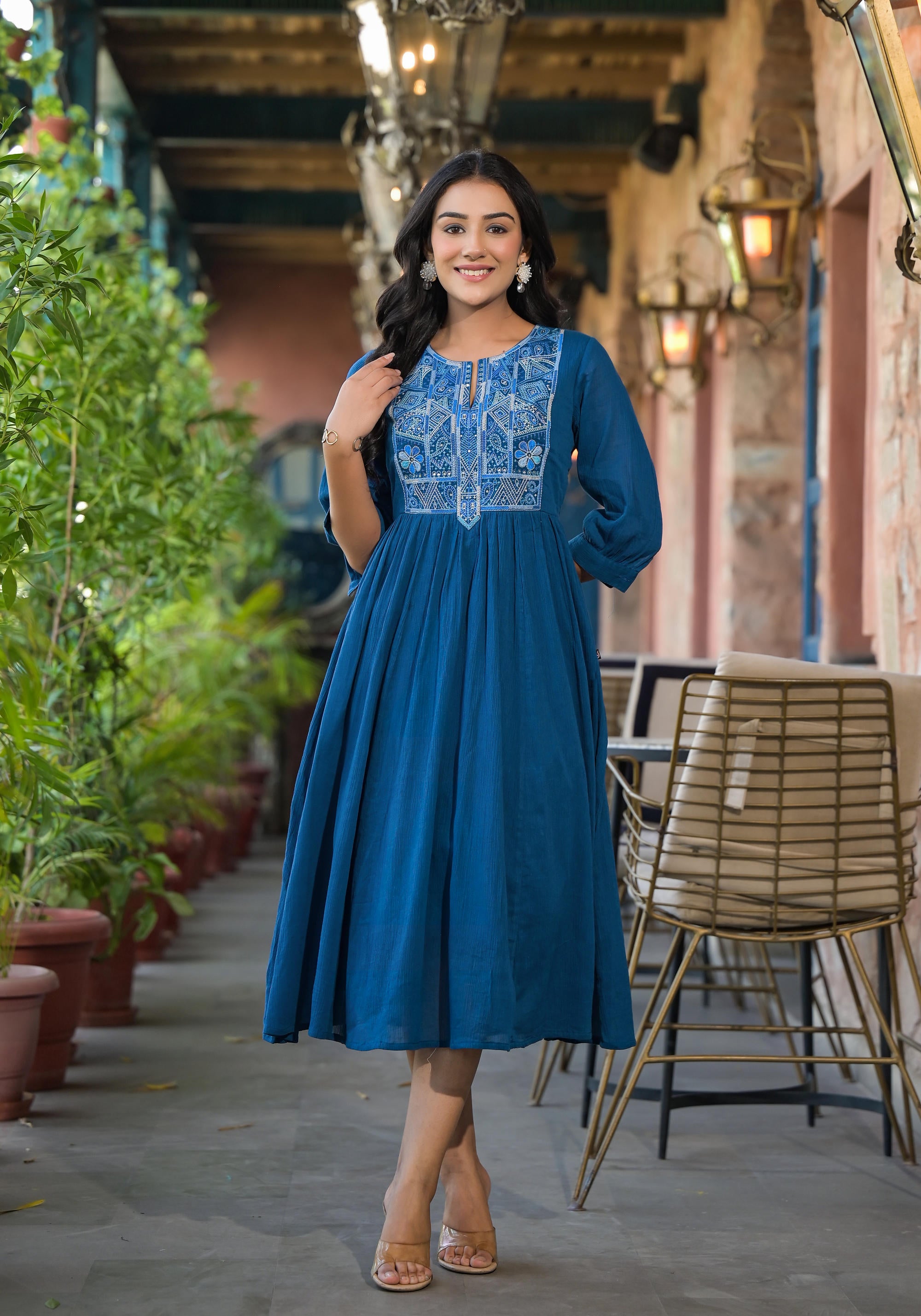 Indigo Solid Cotton Long Dress With Thread Embroidery