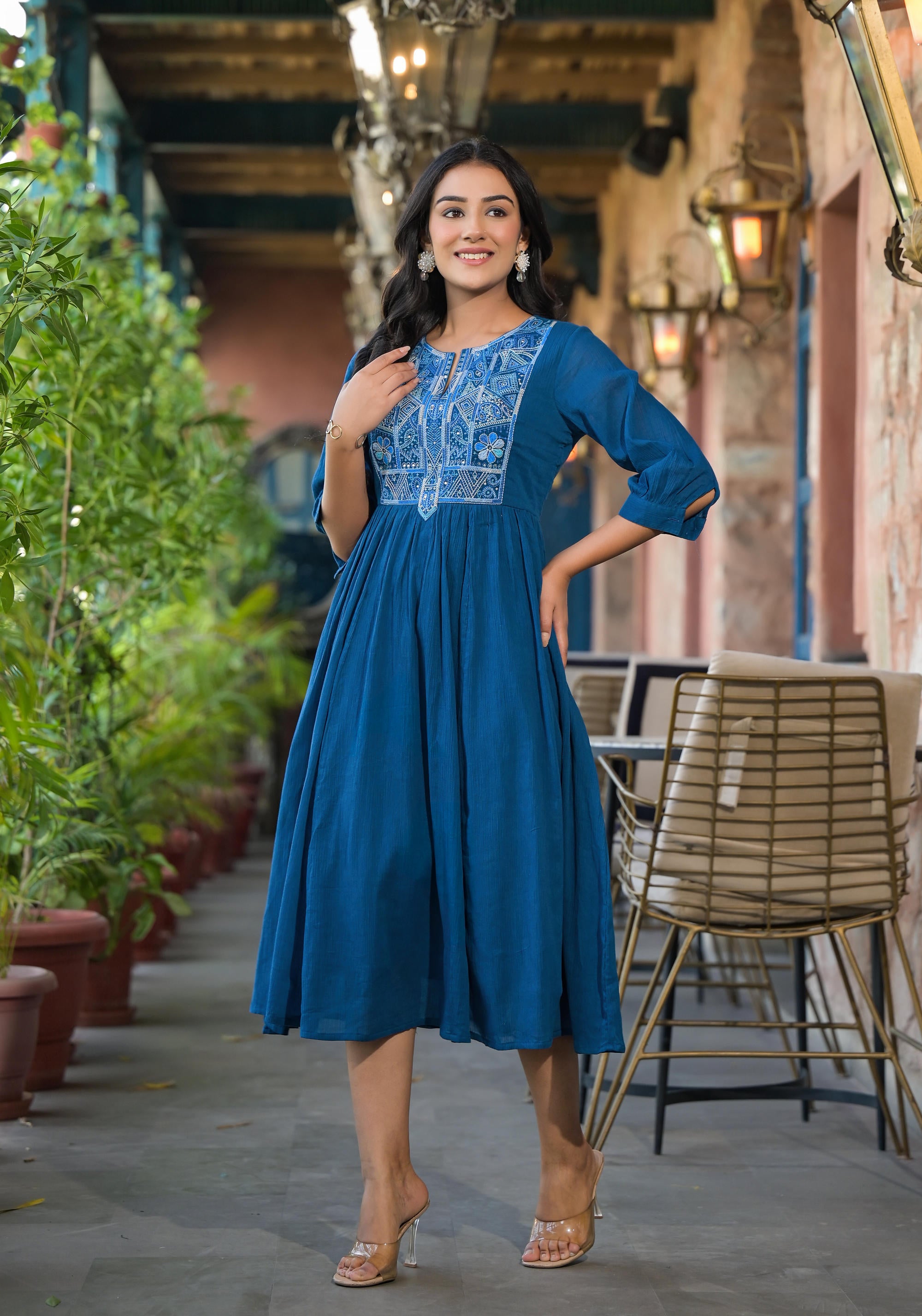 Indigo Solid Cotton Long Dress With Thread Embroidery