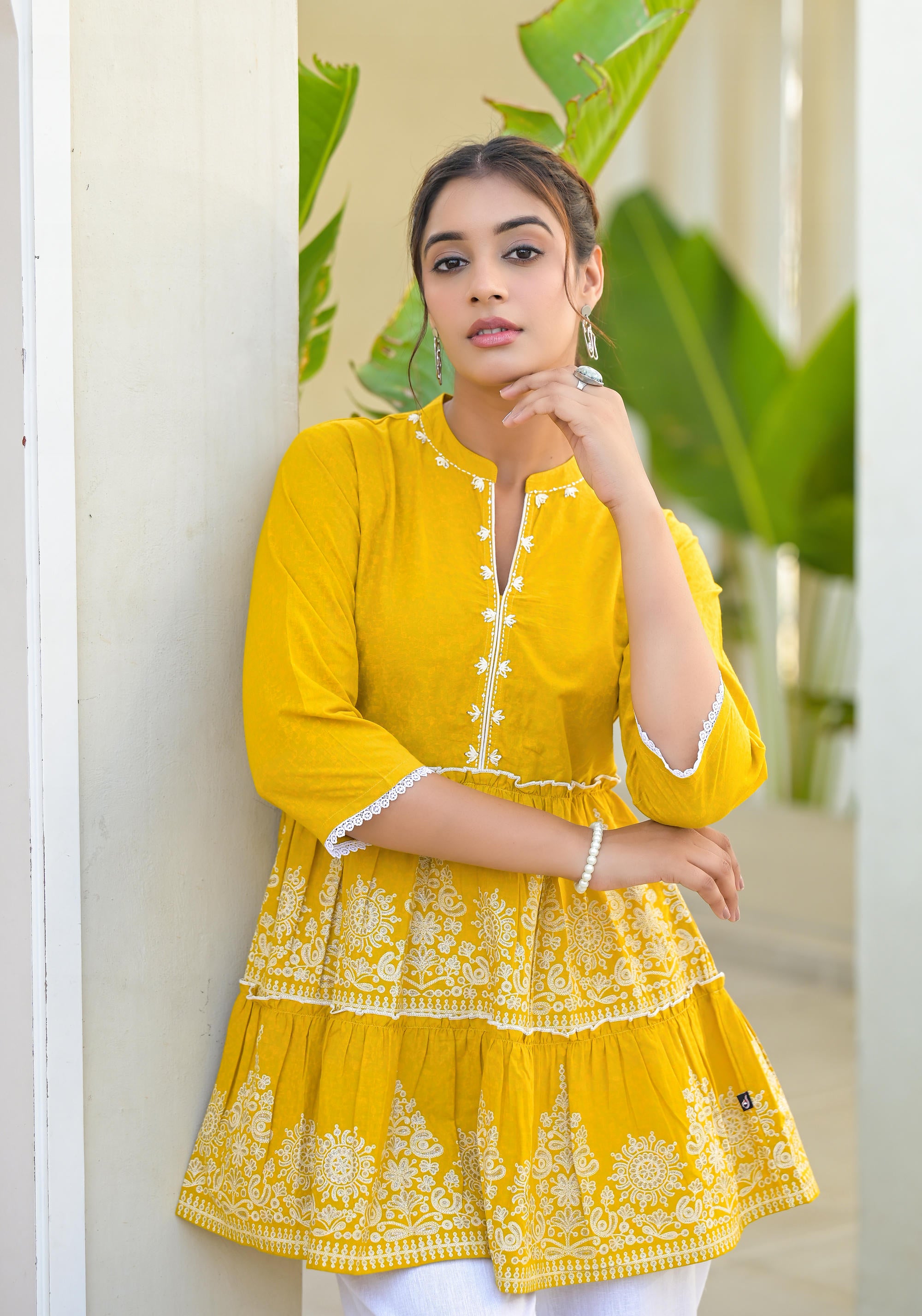 Mustard Ethnic Motif Printed Cotton Tunic With Thread Work & Sequins