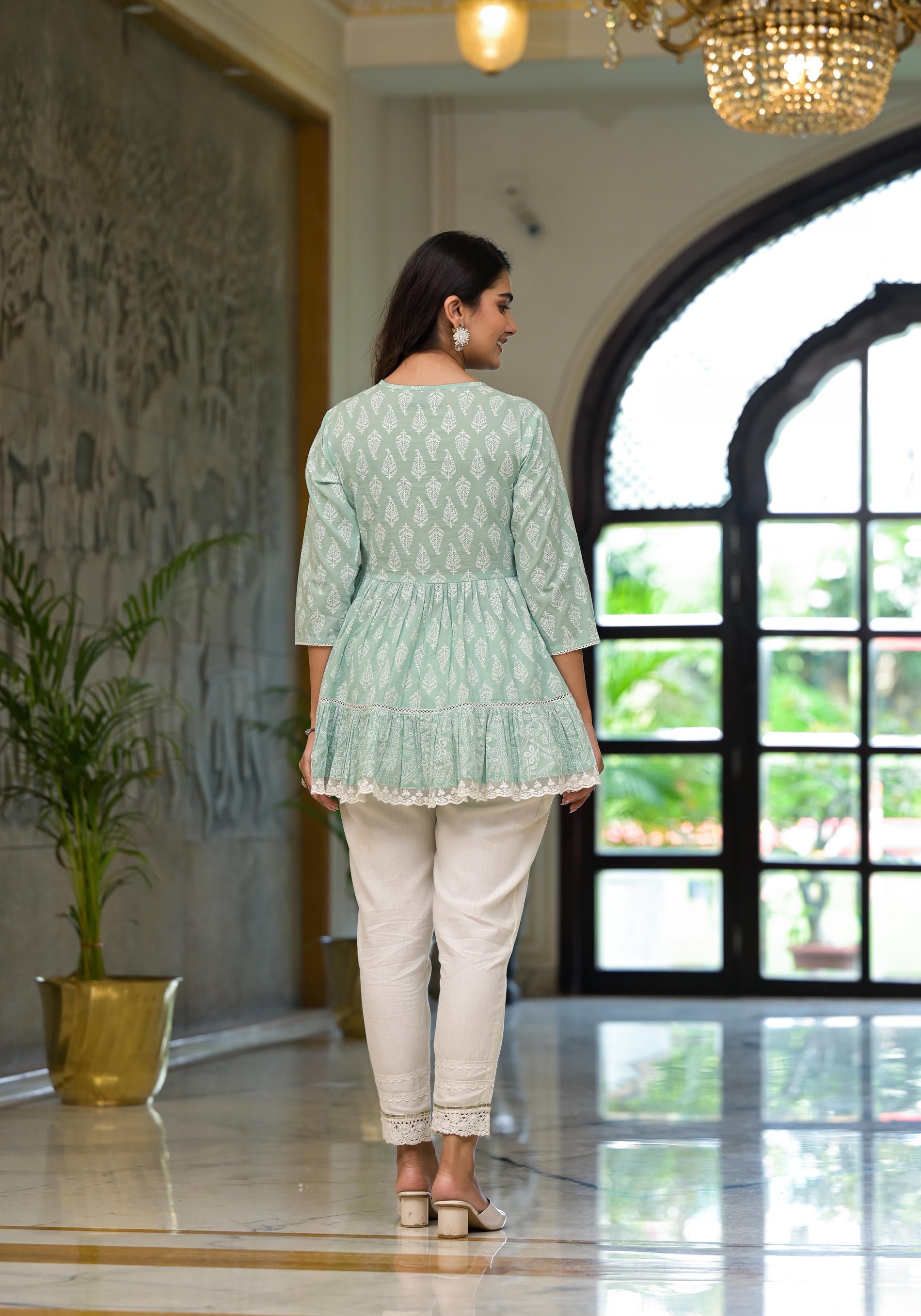 Mint Mist Ikat  tunic with Lace Detailing