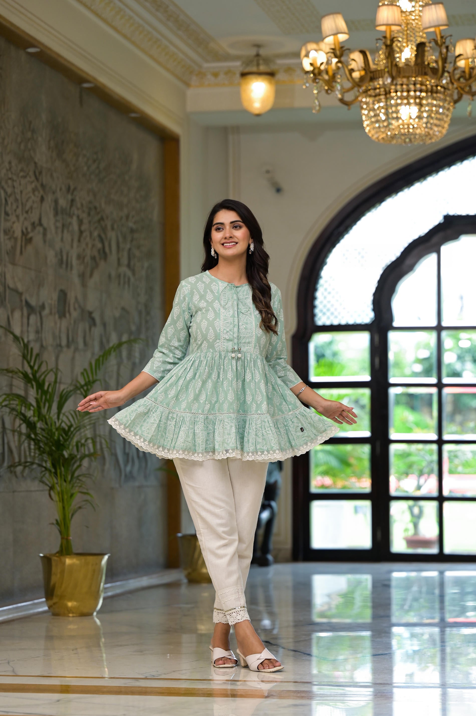 Mint Mist Ikat  tunic with Lace Detailing
