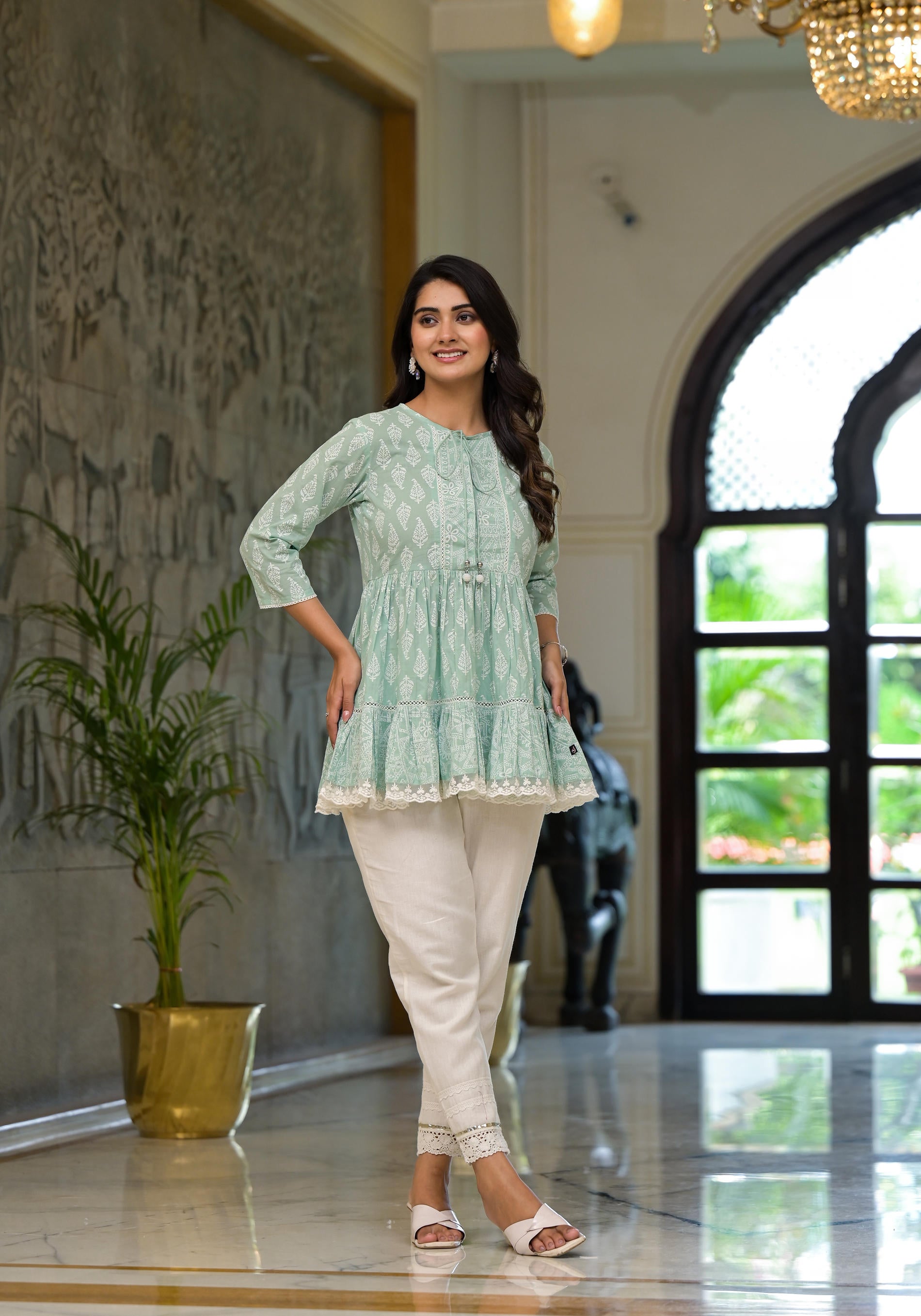 Mint Mist Ikat  tunic with Lace Detailing