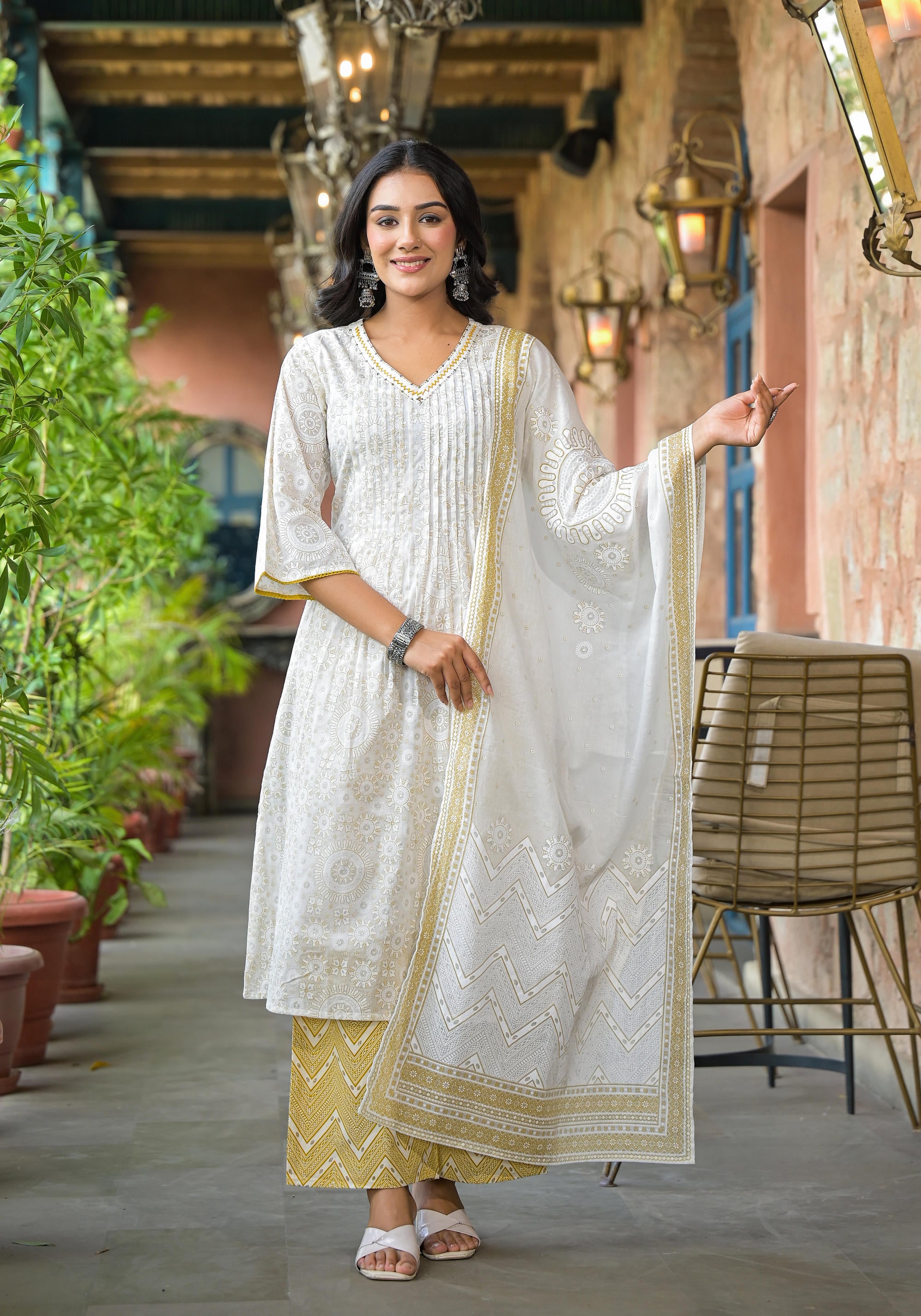 Off White Abstract Printed Cotton Kurta Pant And Dupatta Set With Sequins & Thread Work