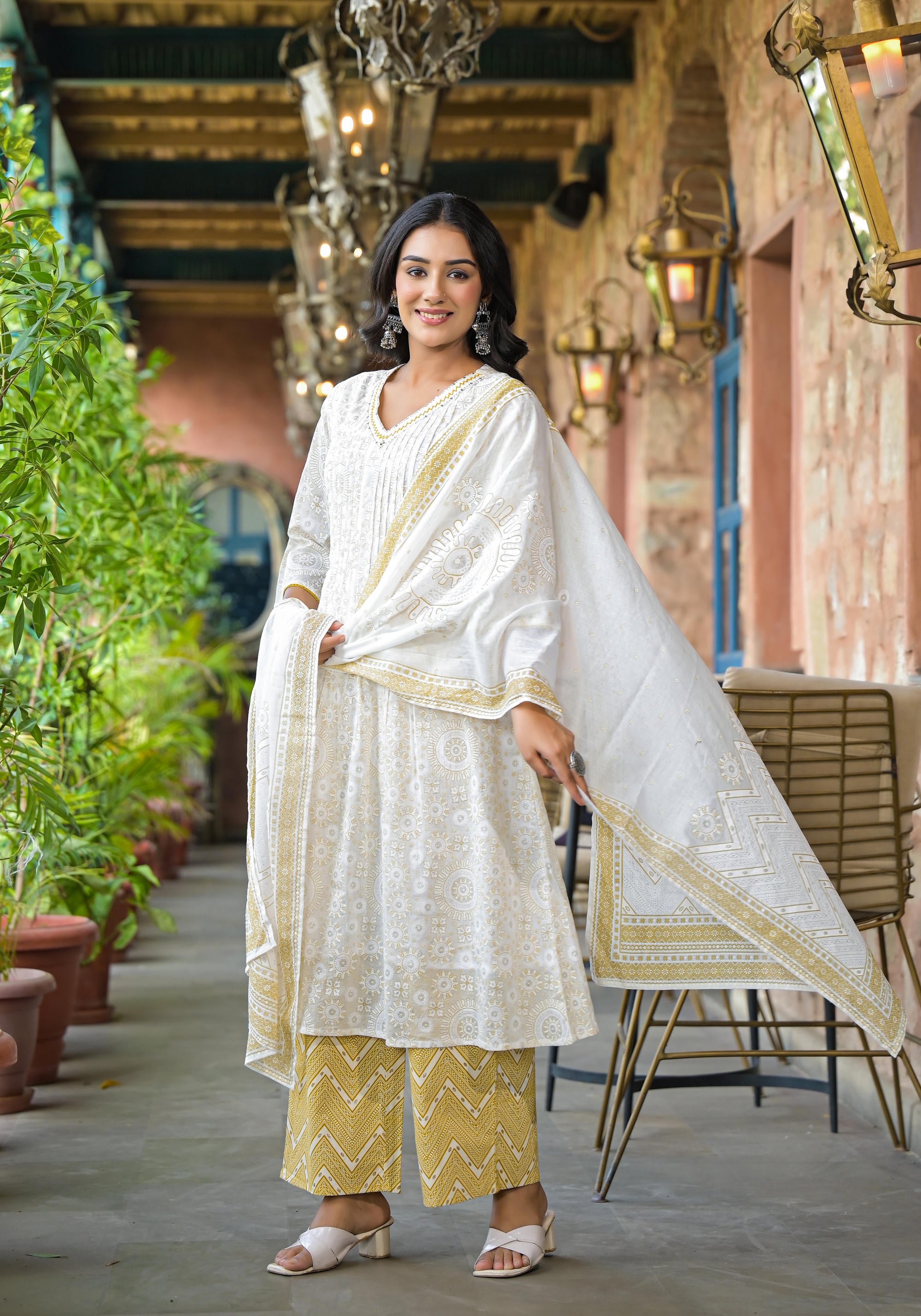 Off White Abstract Printed Cotton Kurta Pant And Dupatta Set With Sequins & Thread Work