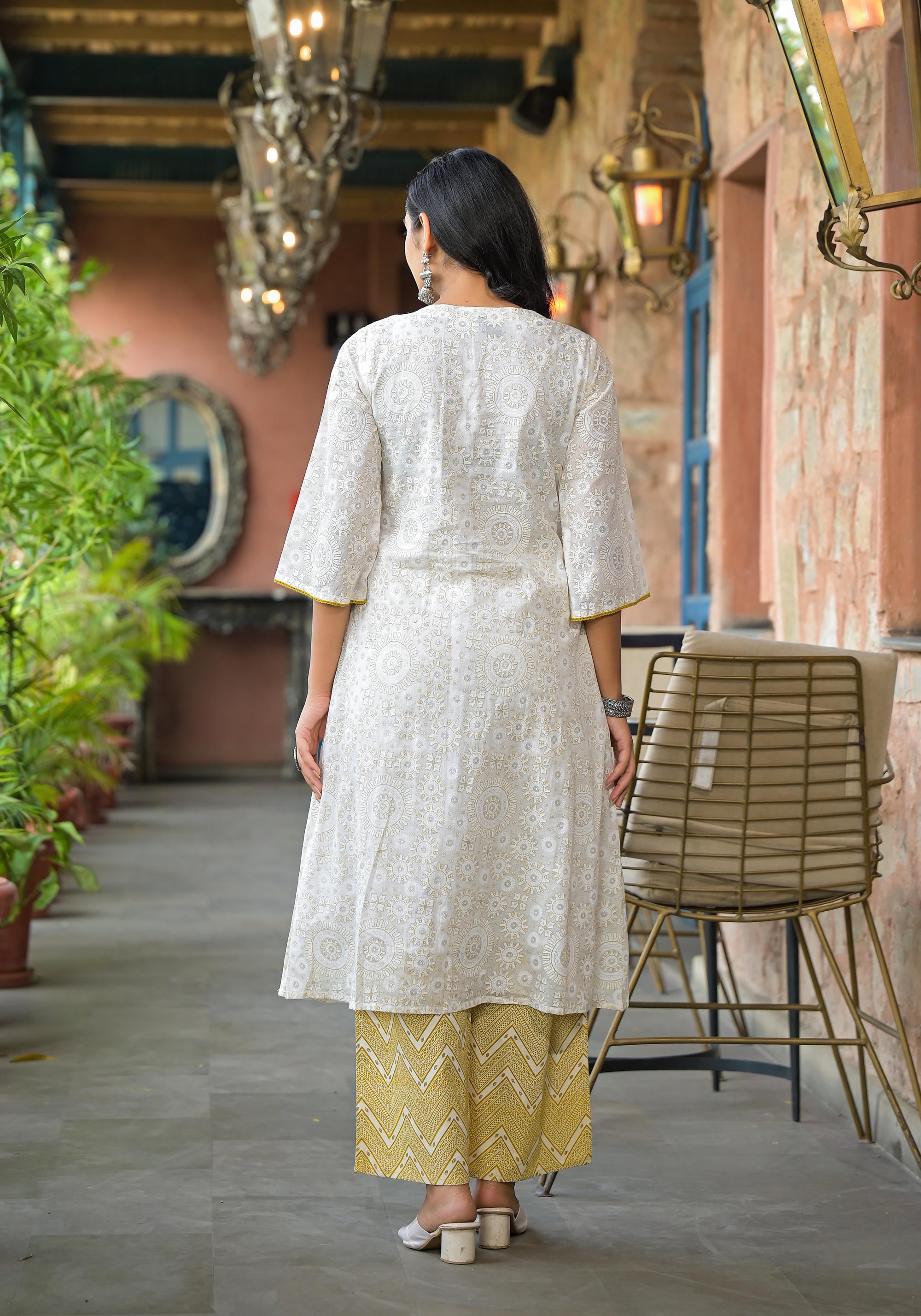 Off White Abstract Printed Cotton Kurta Pant And Dupatta Set With Sequins & Thread Work