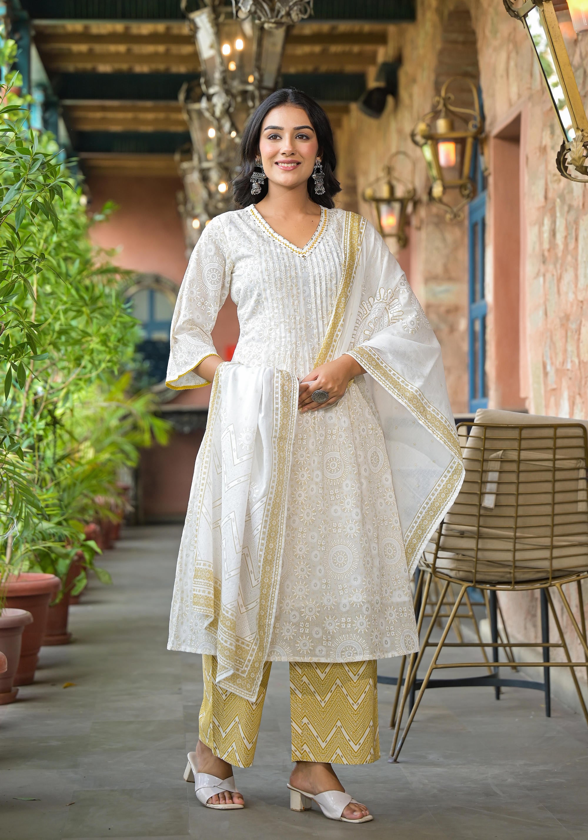 Off White Abstract Printed Cotton Kurta Pant And Dupatta Set With Sequins & Thread Work