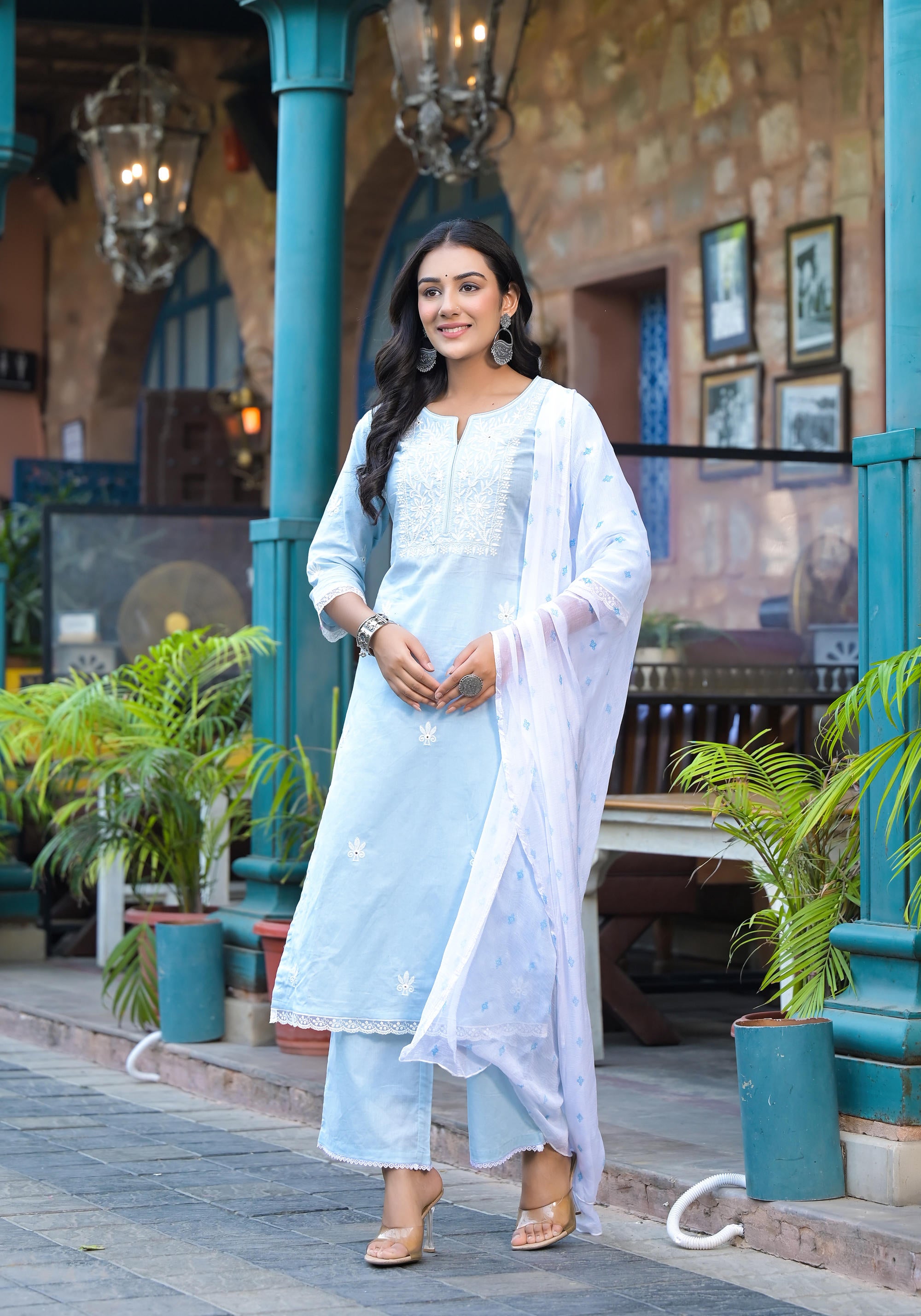 Sky Blue Solid Cotton Kurta Pant And Dupatta Set With Thread Embroidery