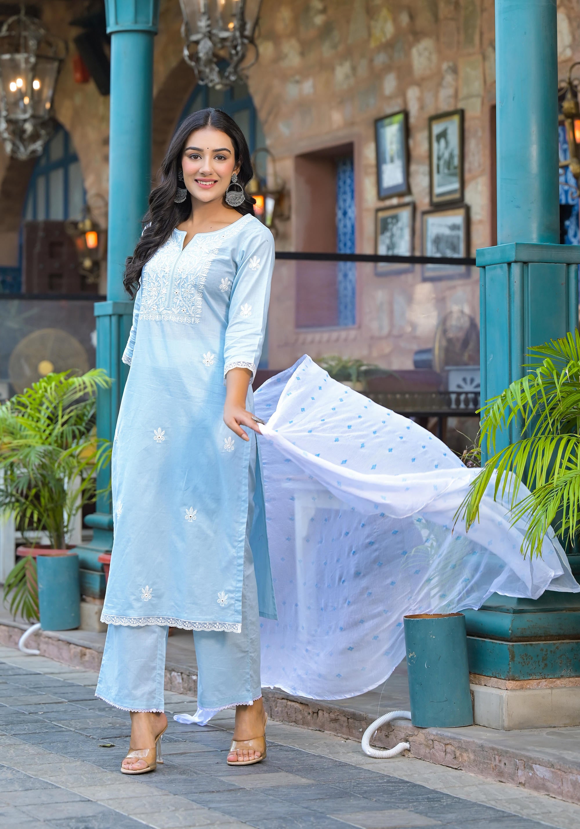 Sky Blue Solid Cotton Kurta Pant And Dupatta Set With Thread Embroidery