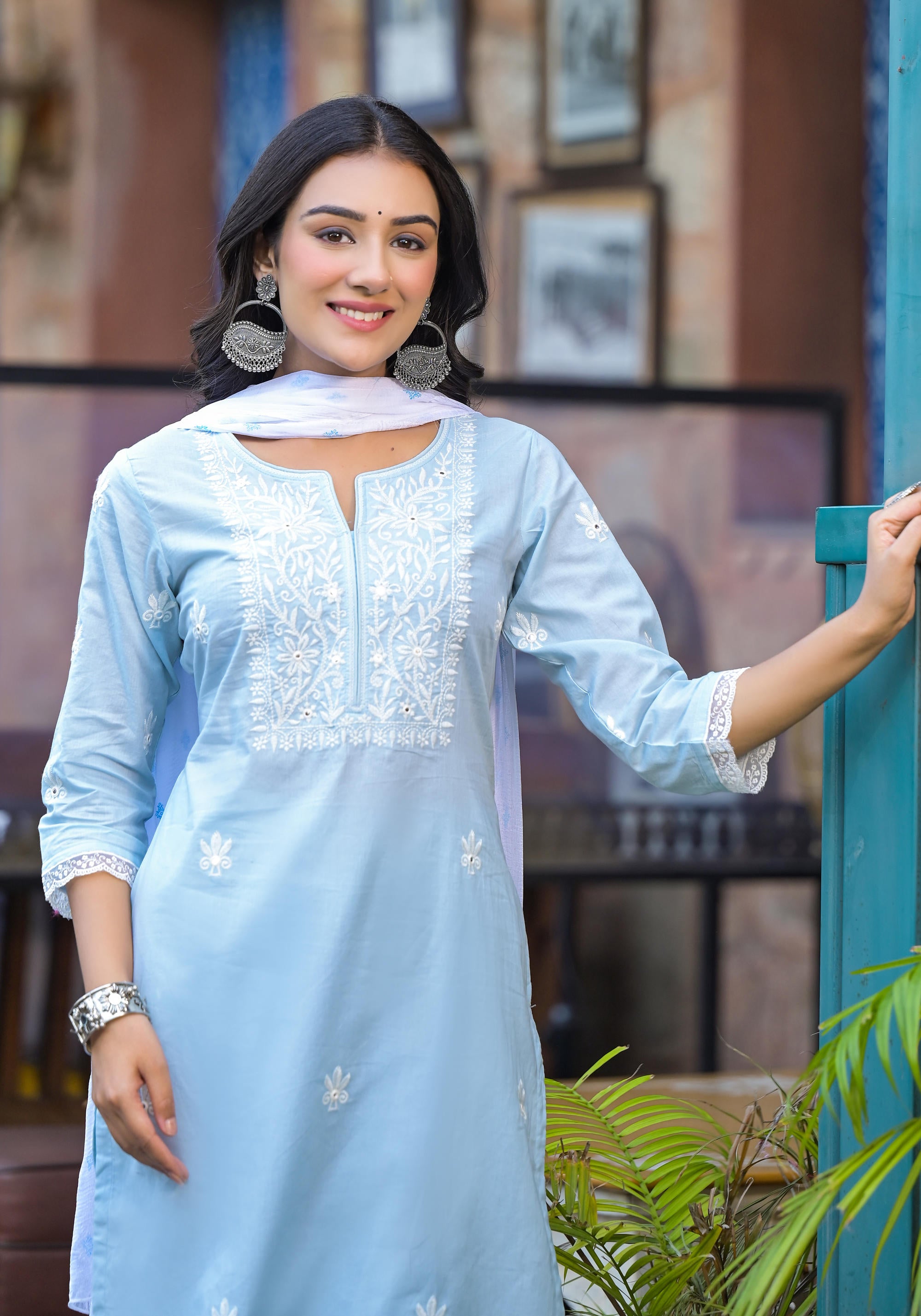 Sky Blue Solid Cotton Kurta Pant And Dupatta Set With Thread Embroidery