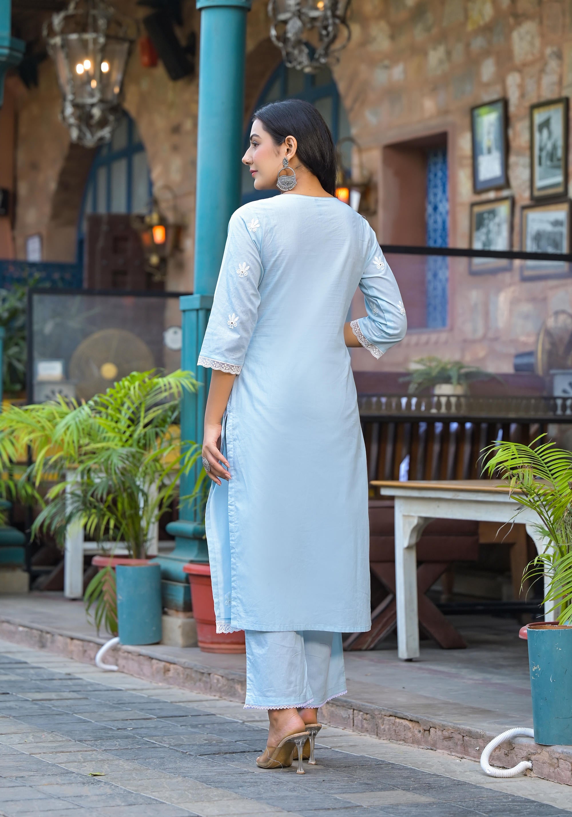 Sky Blue Solid Cotton Kurta Pant And Dupatta Set With Thread Embroidery