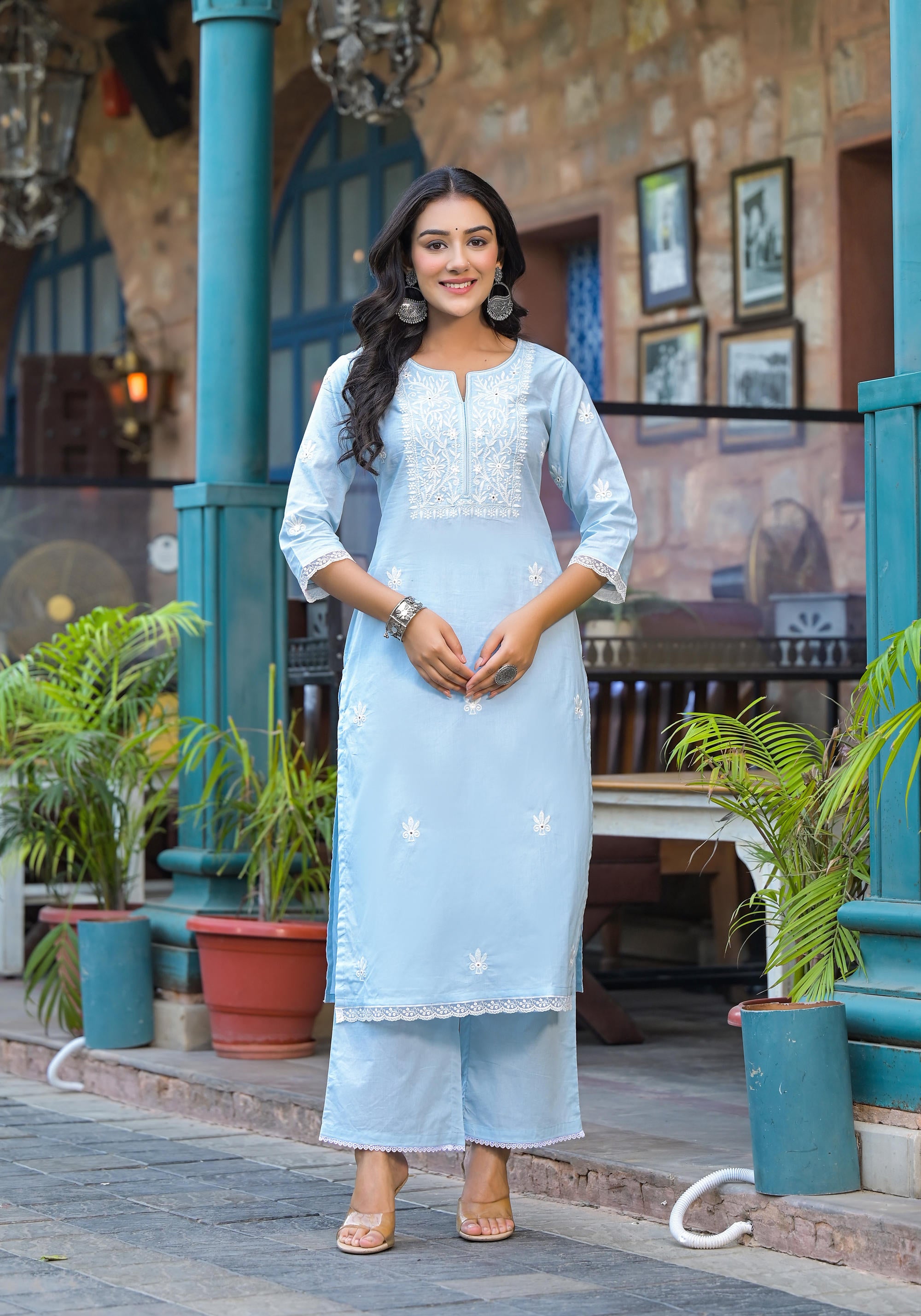 Sky Blue Solid Cotton Kurta Pant And Dupatta Set With Thread Embroidery