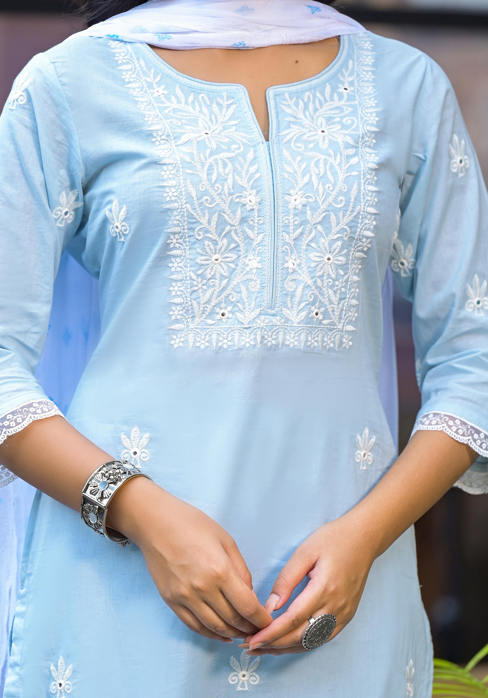 Sky Blue Solid Cotton Kurta Pant And Dupatta Set With Thread Embroidery