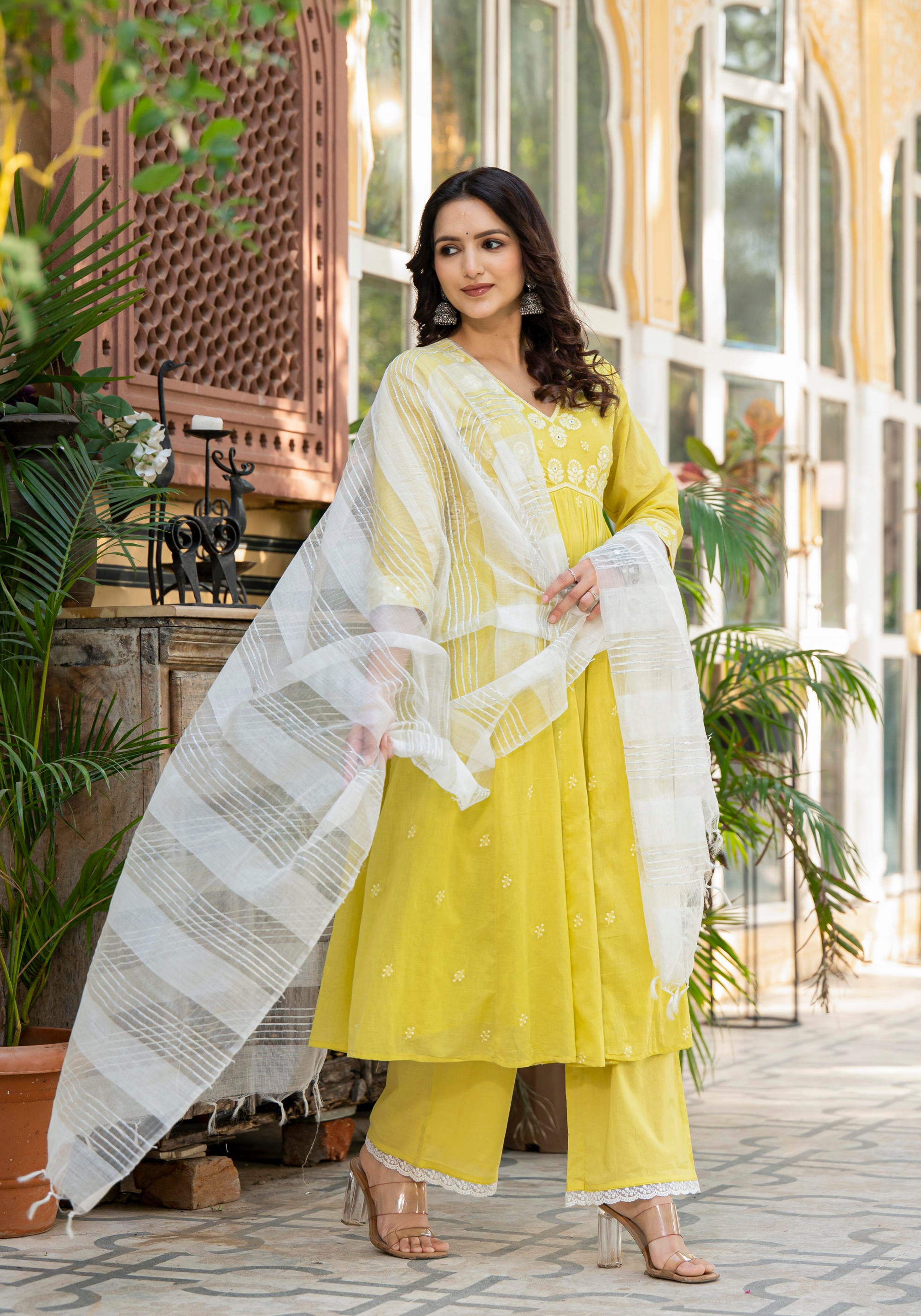 Lime Solid Cotton Kurta Pant And Dupatta Set With Thread & Mirror Work