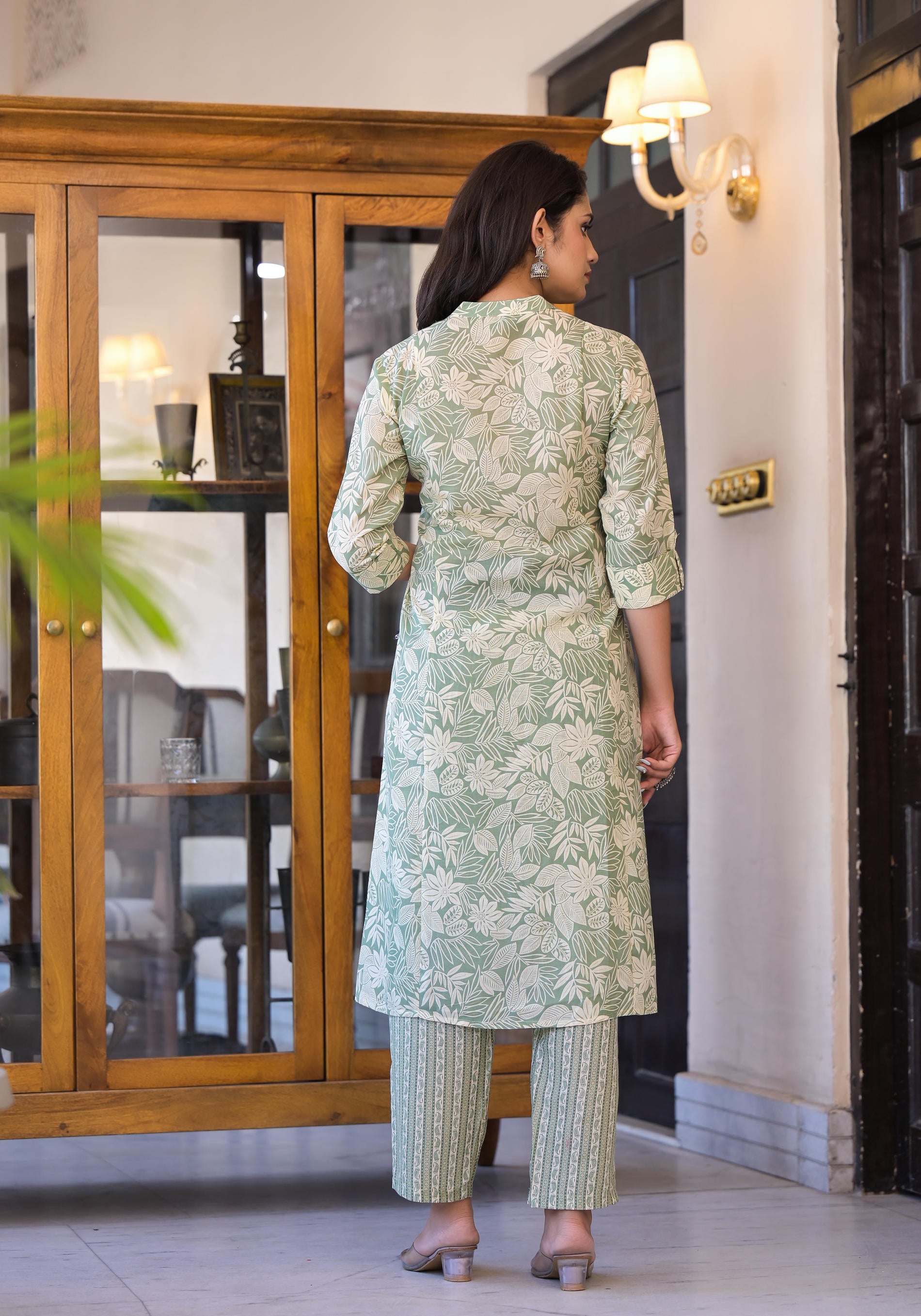 Sage Green Floral Printed Straight Kurta Set