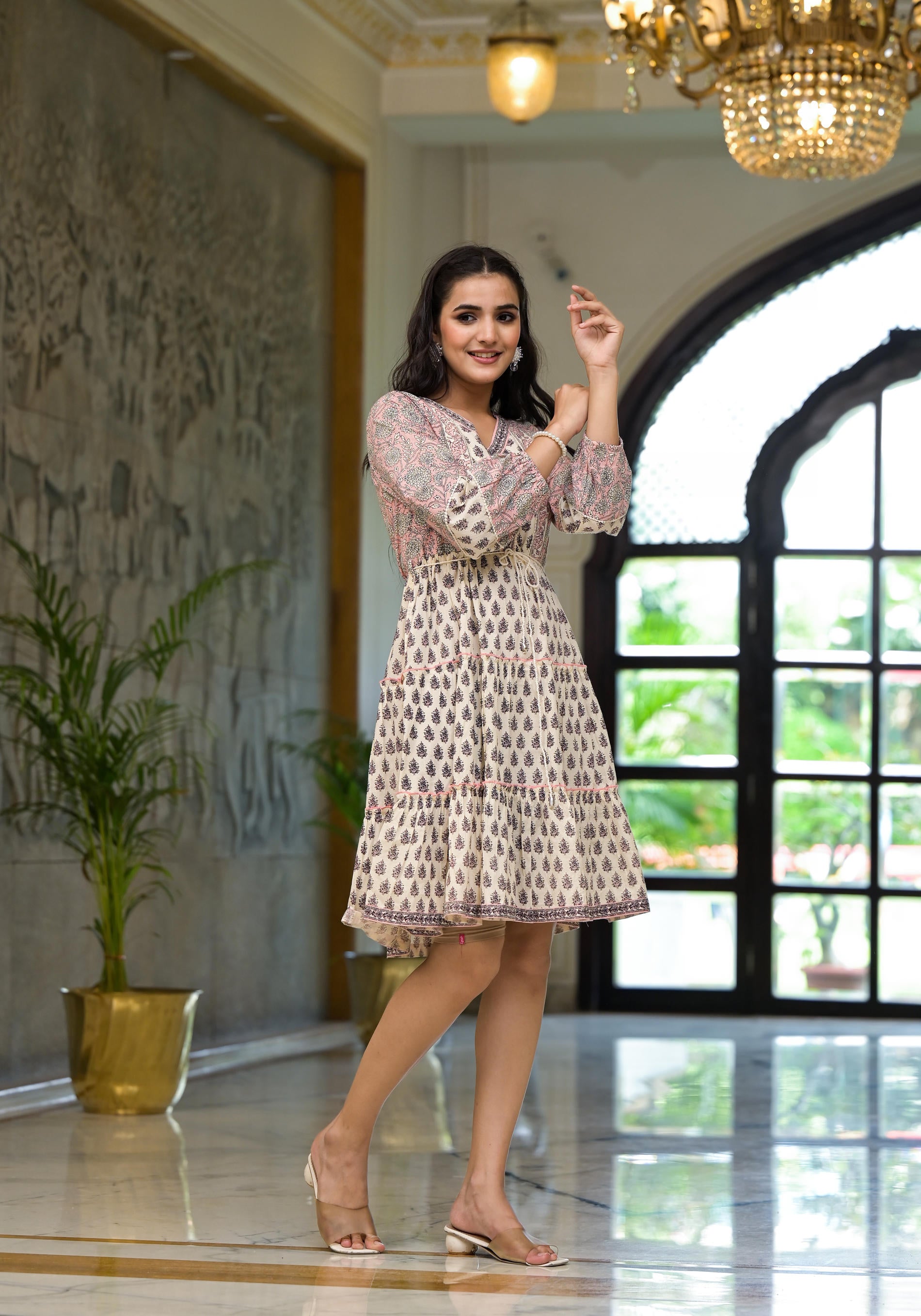 Blush Blockprint Tiered Mini Dress