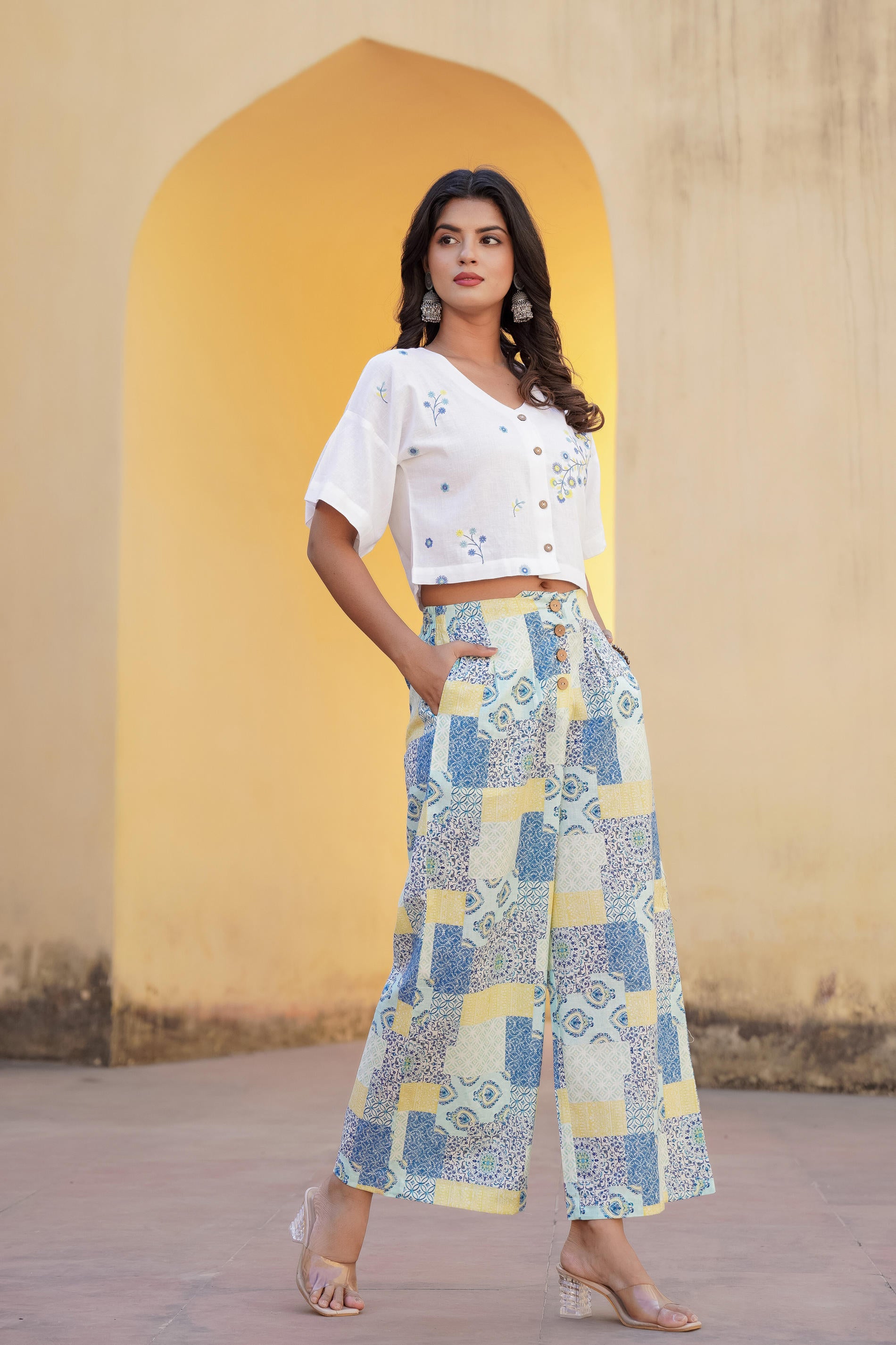 Blue Ethnic Motif Printed Viscose Top & Palazzo With Thread & Mirror Work