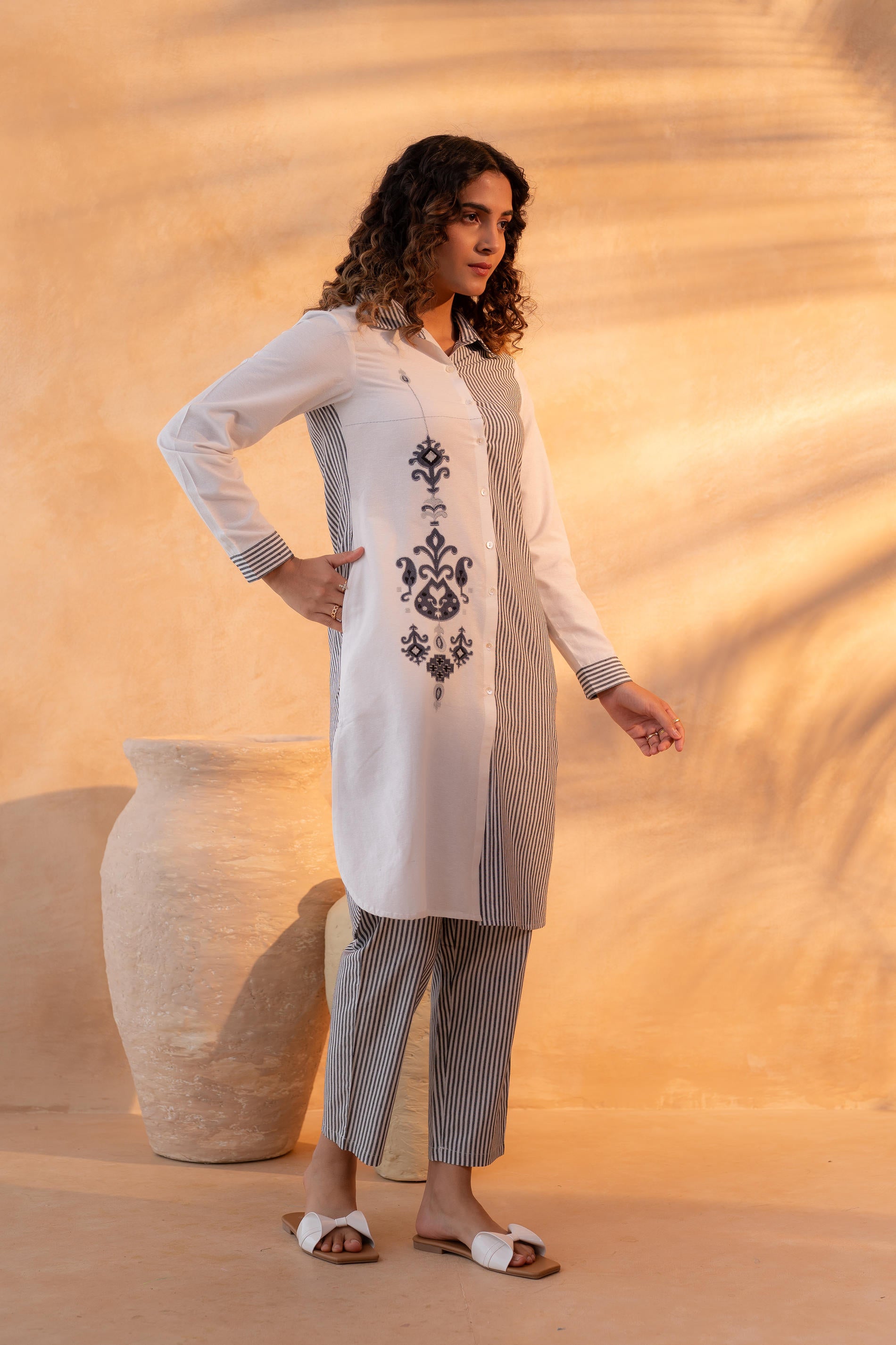 Black & White Divide Embroidered Panel Kurta Set