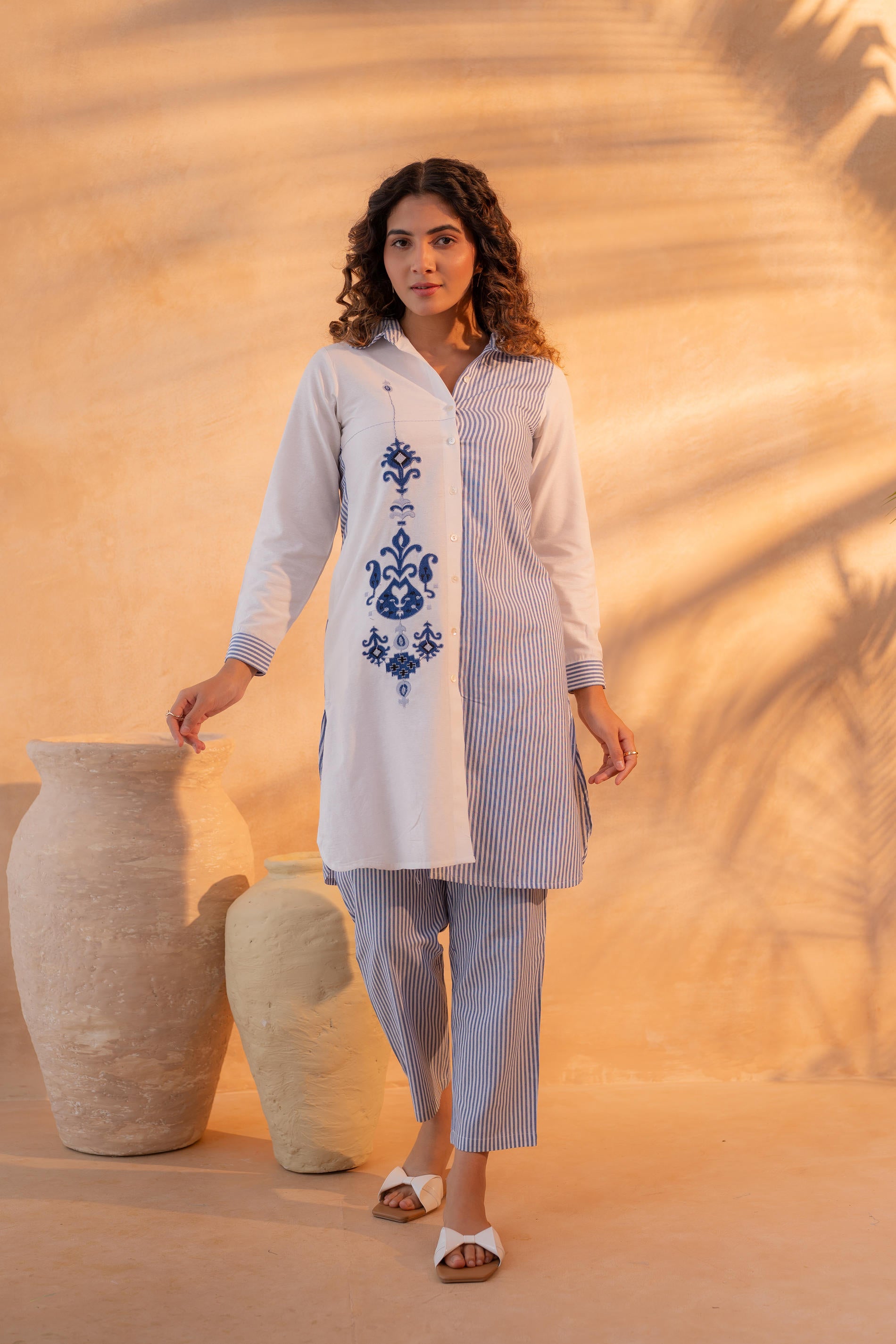 NavyBlue & White Divide Embroidered Panel Kurta Set