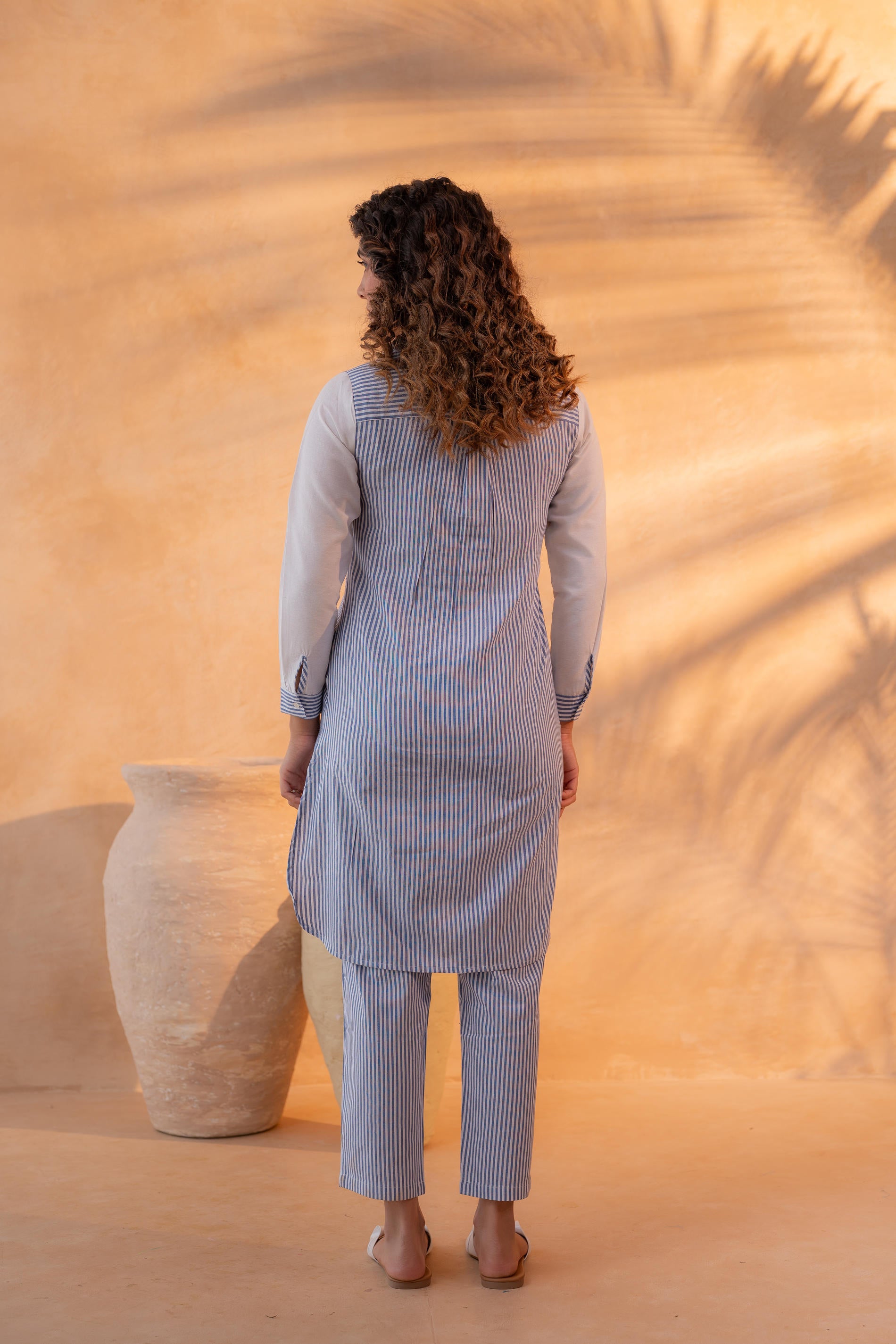 NavyBlue & White Divide Embroidered Panel Kurta Set