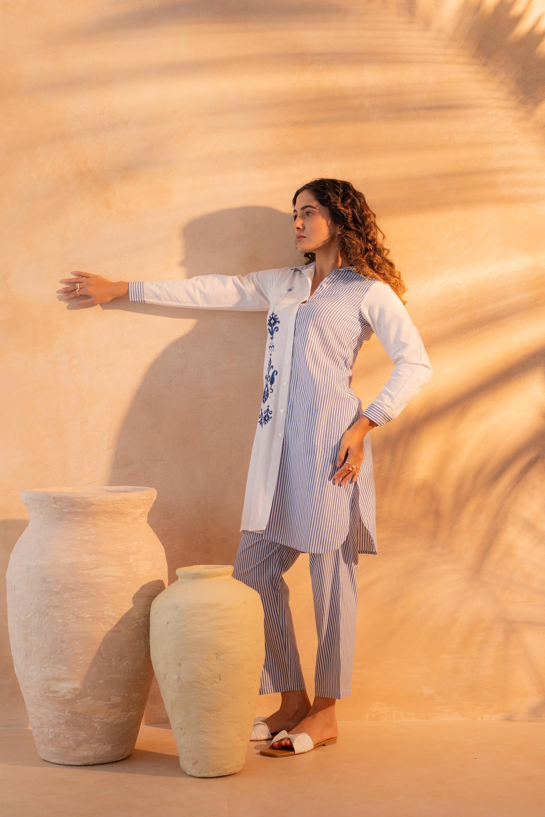 NavyBlue & White Divide Embroidered Panel Kurta Set