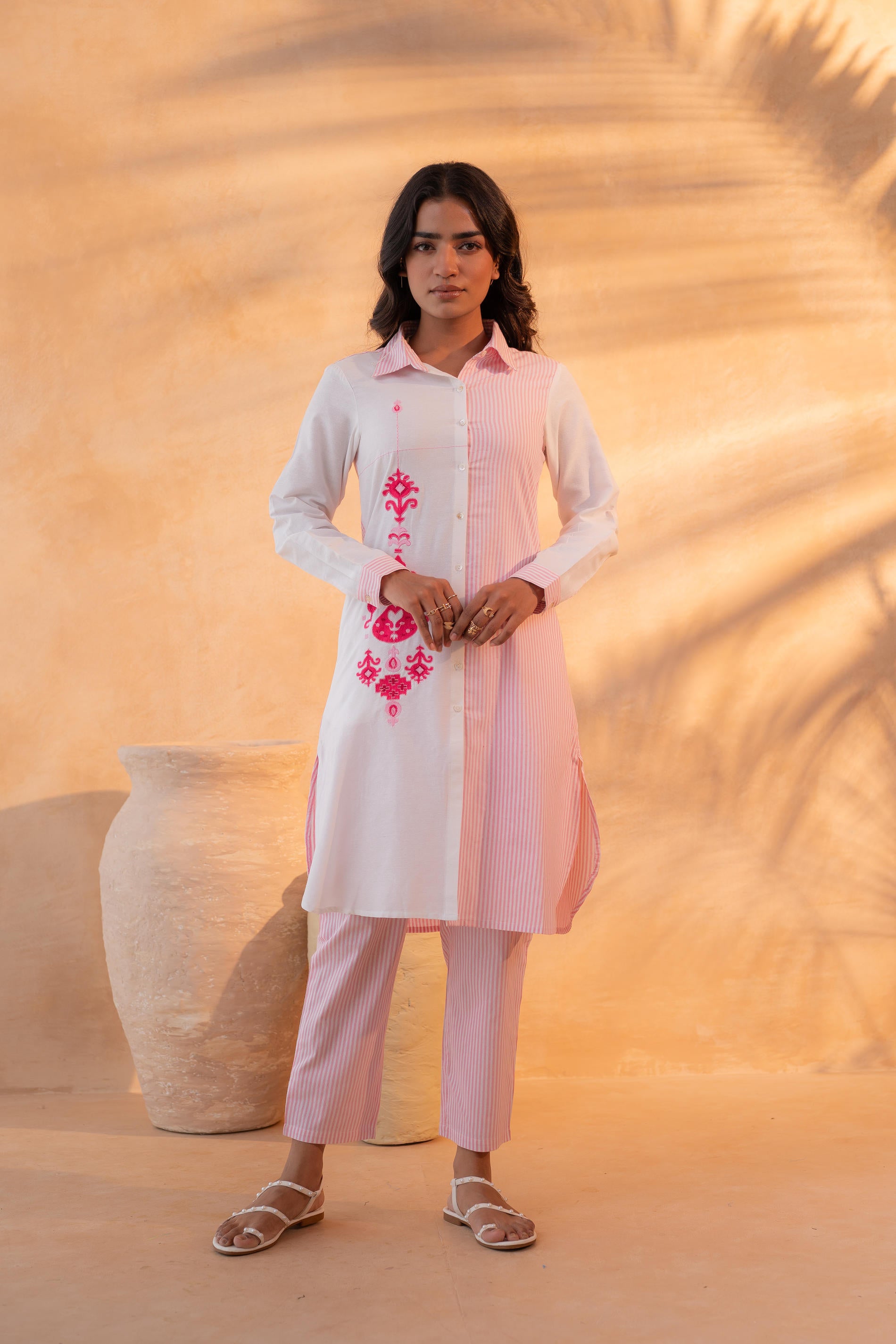 Pink & White Divide Embroidered Panel Kurta Set