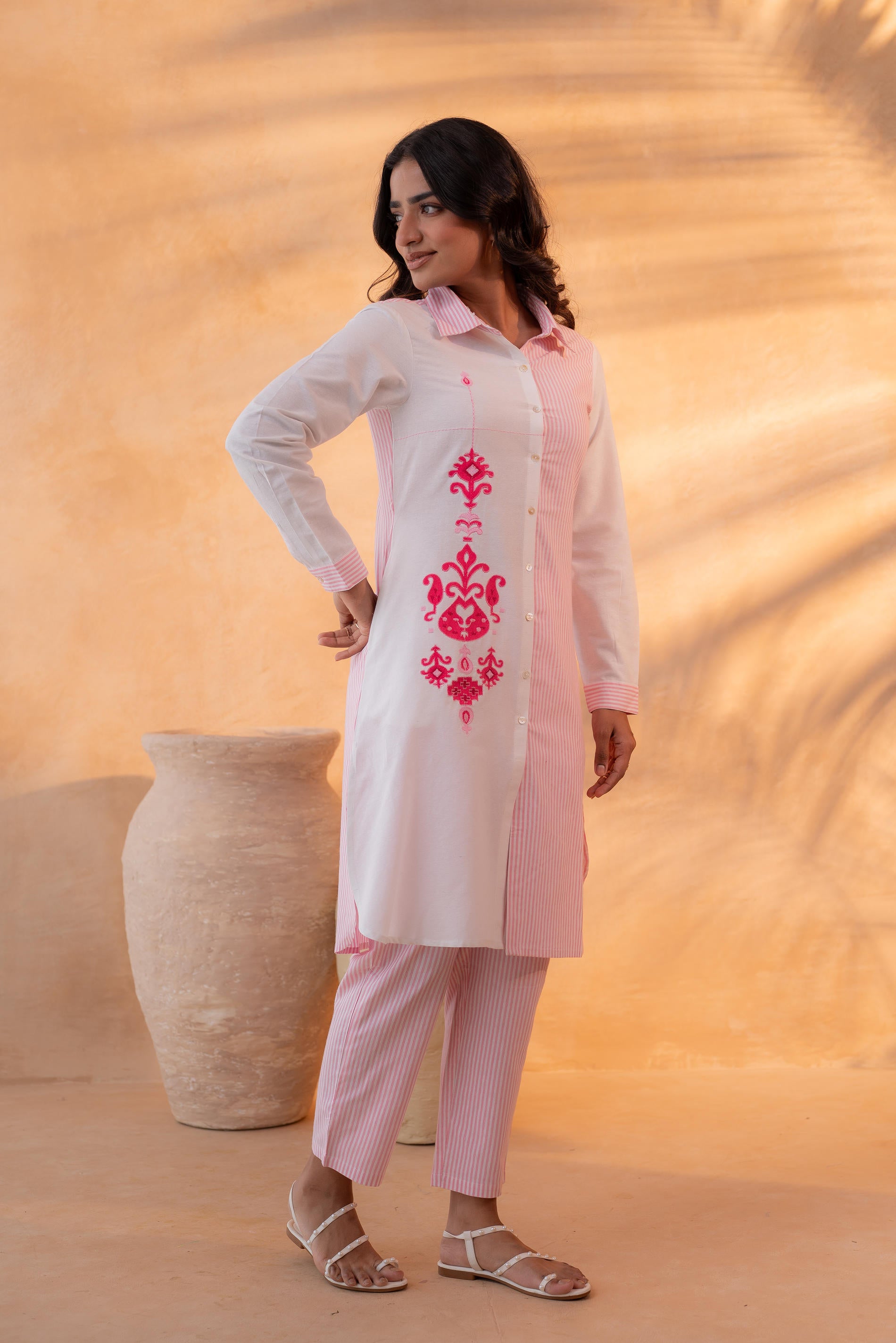 Pink & White Divide Embroidered Panel Kurta Set